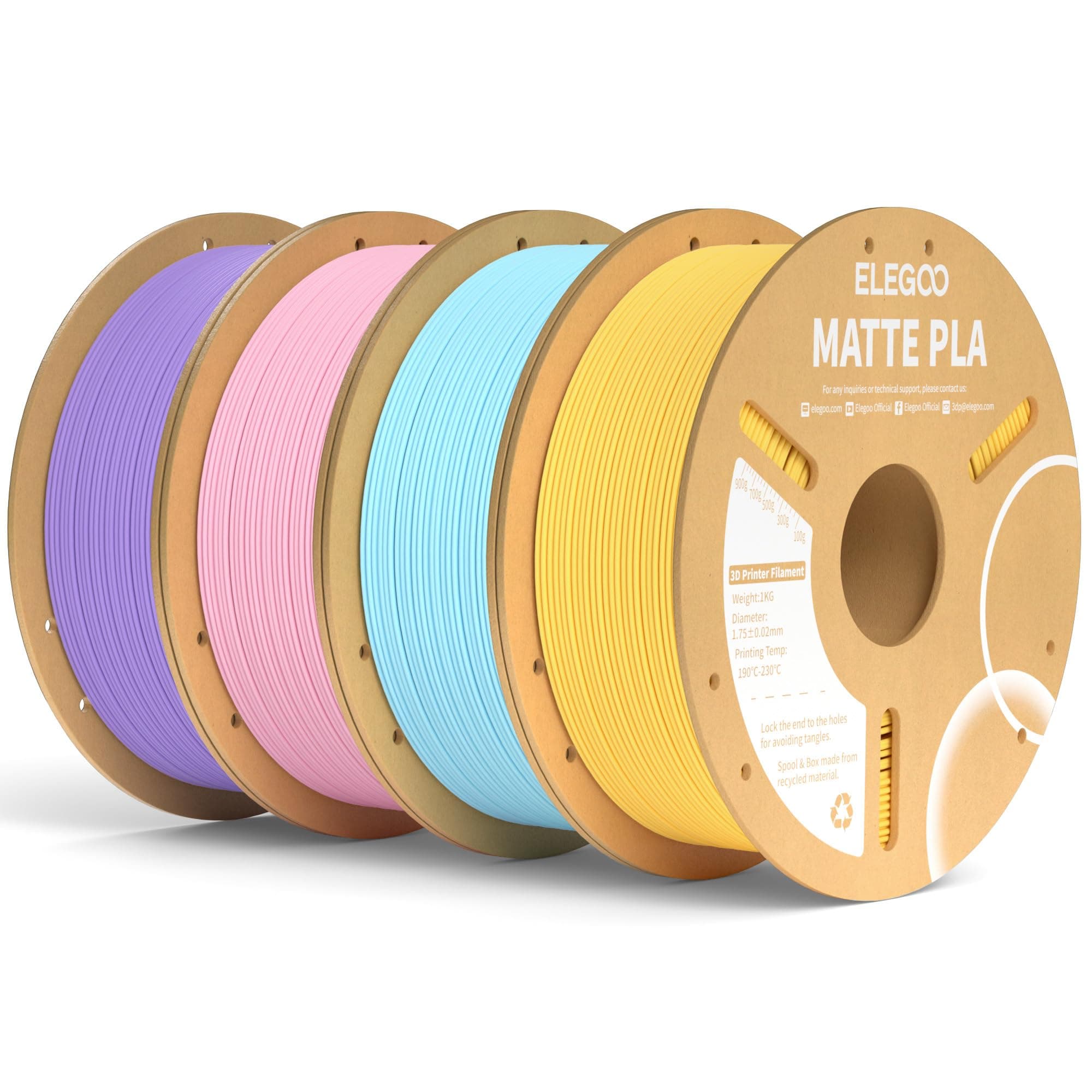 ELEGOO Filamento PLA MATE 1.75 4KG Amarillo, Azul Hielo, Rosa, Morado, Filamento para Impresora 3D, Precisión Dimensional +/- 0.02mm, Carrete Filamento 3D,para Mayoría Impresoras 3D