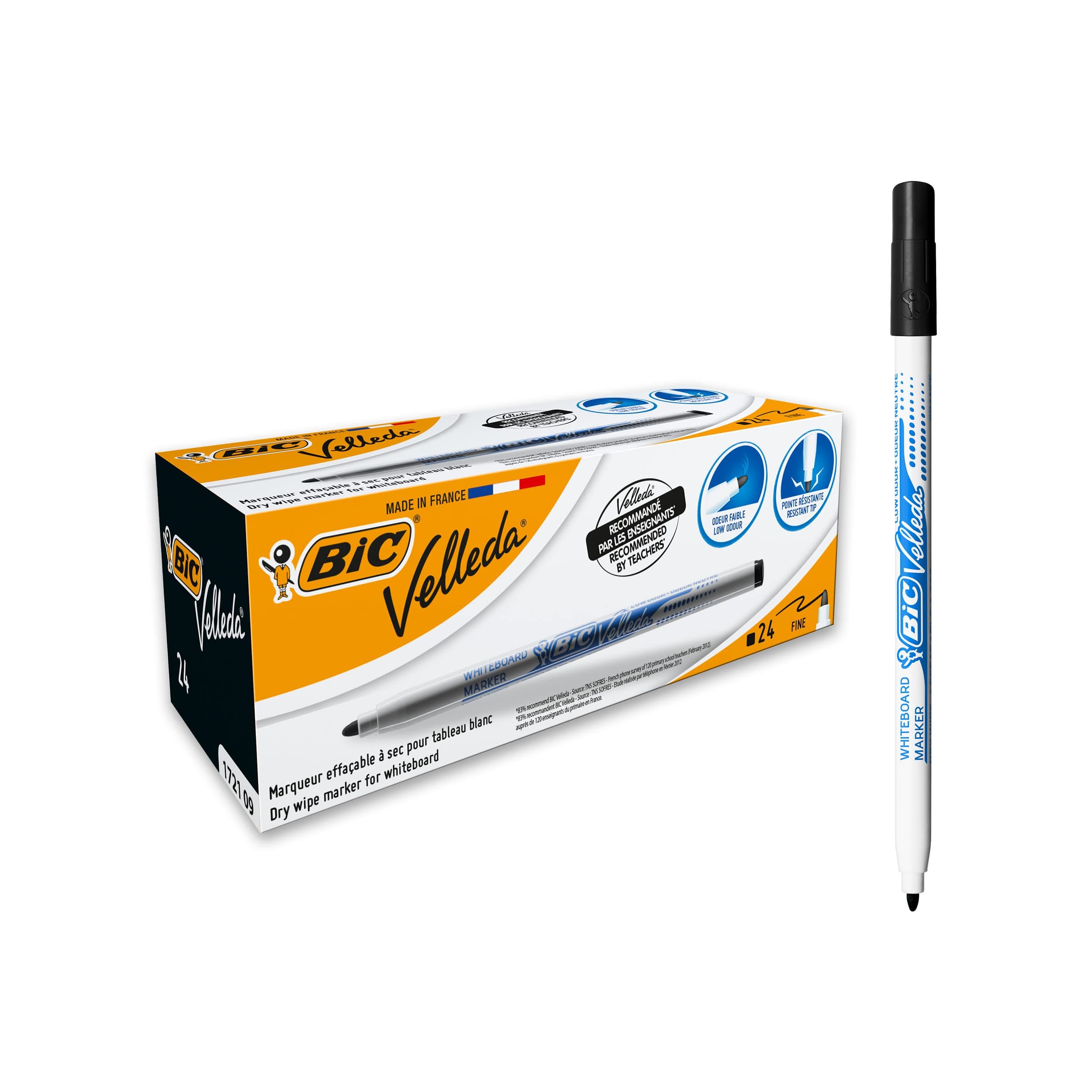 BIC Velleda 1721 - Feutres pour Tableau Blanc Effaçables à Sec Pointe Conique Fine - Marqueurs Parfaits pour l'Ecole et au Bureau - Noir, Boîte de 24