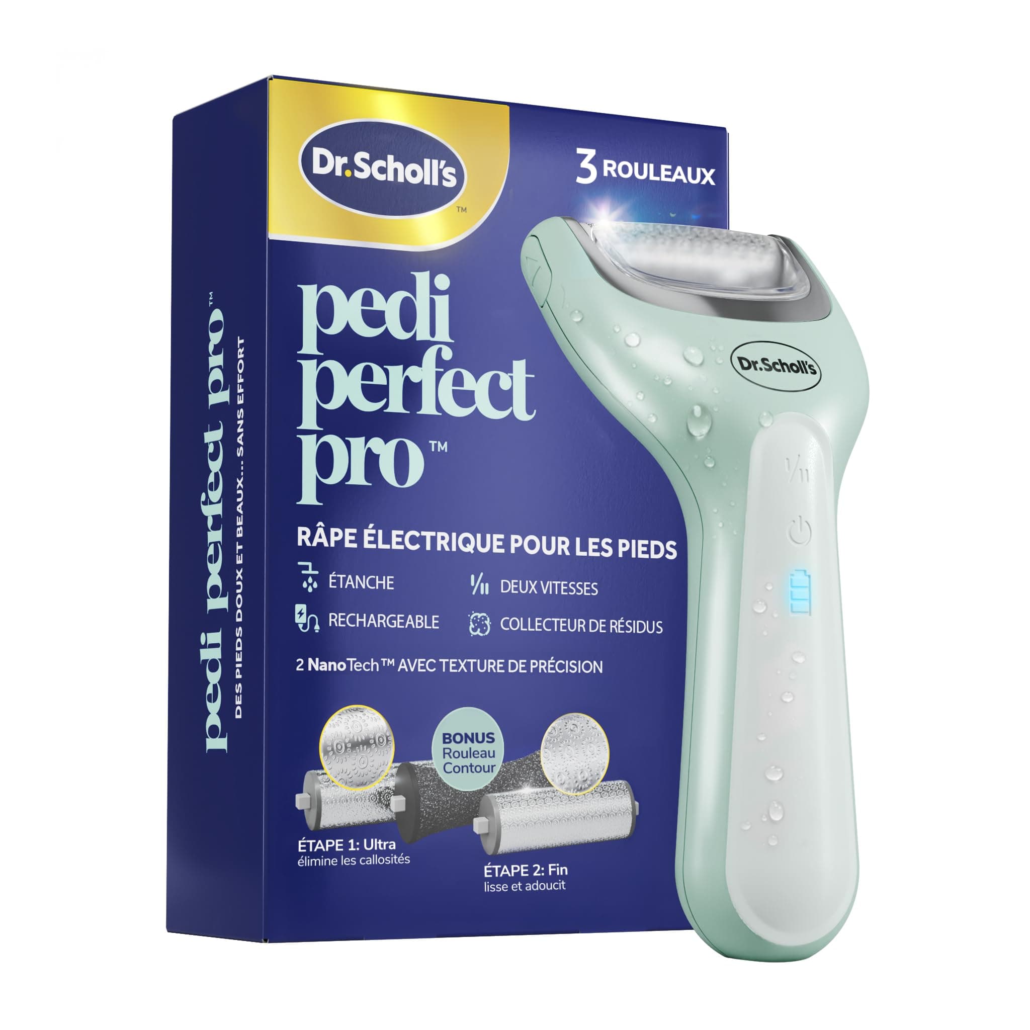 Dr. Scholl's Râpe électrique Pieds Pedi Perfect Pro avec 3 rouleaux Nano Tech - Élimine les callosités pour des pieds doux et beaux - Autonomie 90 minutes - Rechargeable et Etanche