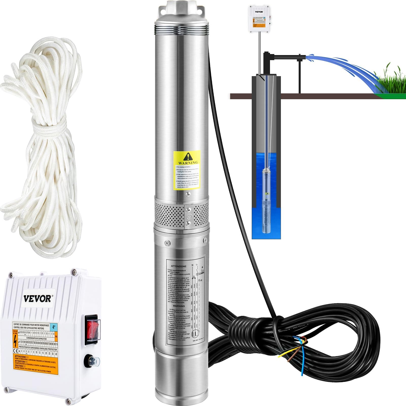 VEVOR Pompe Immergée pour Puits 11400 L/h 57 m Pompe à Eau pour Puits Profond en Acier Inox, Pompe à Eau Électrique 1100 W, Pompe de Puits Submersible Usage Domestique Agricole Industriel