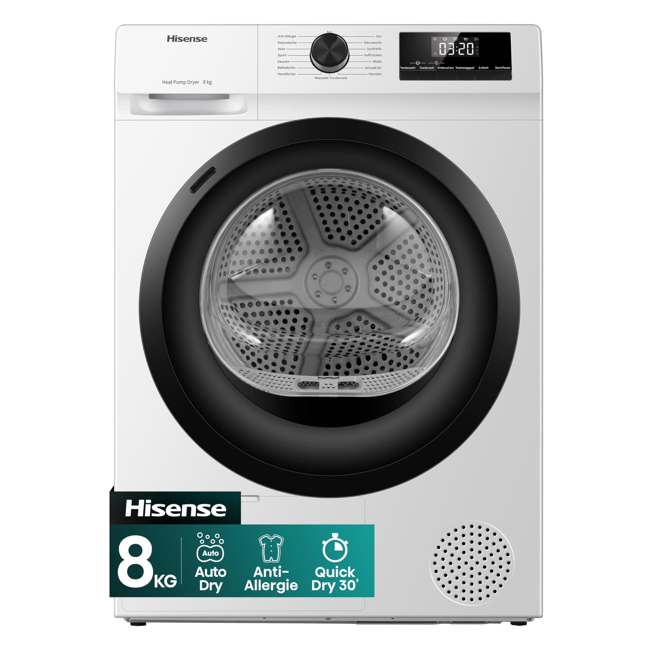 Hisense DHQE800BW2 Wäschetrockner, QE, 8KG, Kondensation mit Wärmepumpe, 15 Programme, Feuchtesensor, Anti Crease, TwinAir, Energieeffizienzklasse D, Weiß