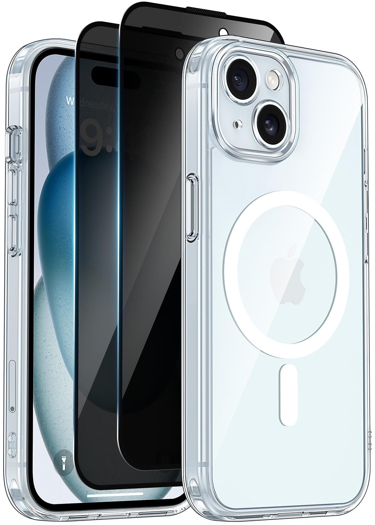 Helssitot Coque Magnétique pour iPhone 15 avec 2 Verre Trempé Anti-Espion Compatible avec MagSafe Militaire Étui Housse Antichoc Bumper Militaire 6,1 Pouces-Transparente
