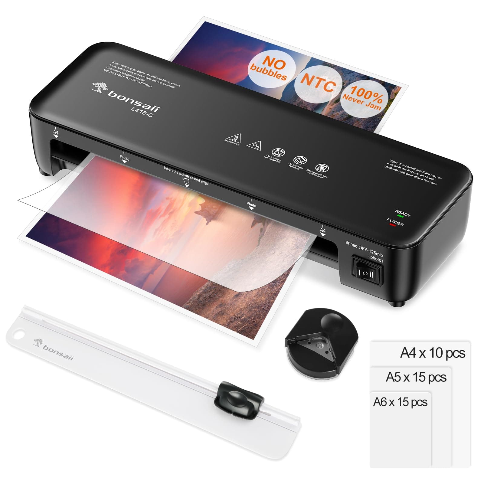 Bonsaii Plastificatrice A4 6 in 1 con 40 buste per plastificazione, inclusi tagliacarte e arrotondatore per angoli, protezione anti-inceppamento, plastificazione rapida di documenti e foto (L418-C) | Plastificazione rapida e anti inceppamento, con tagliacarte e arrotonda angoli, ideale per documenti e foto. L418-C