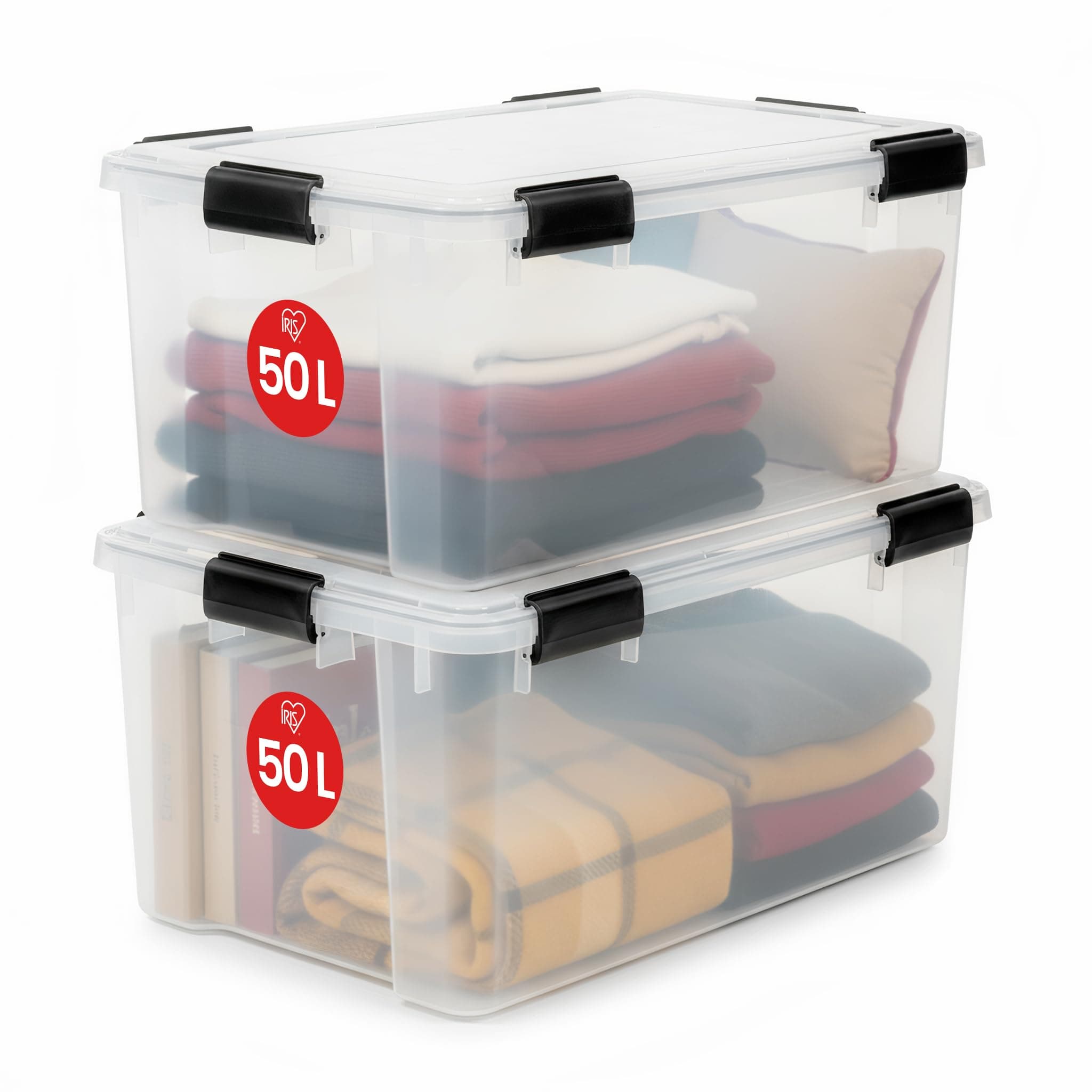 Iris Ohyama, Scatole Portaoggetti Ermetiche in Plastica, 50L, Set di 2, Trasparente, Coperchio Impermeabile, con Chiusura, Impilabile, Per Esterni, Garage, Vestiti, Antipolvere, Senza BPA, AT-L