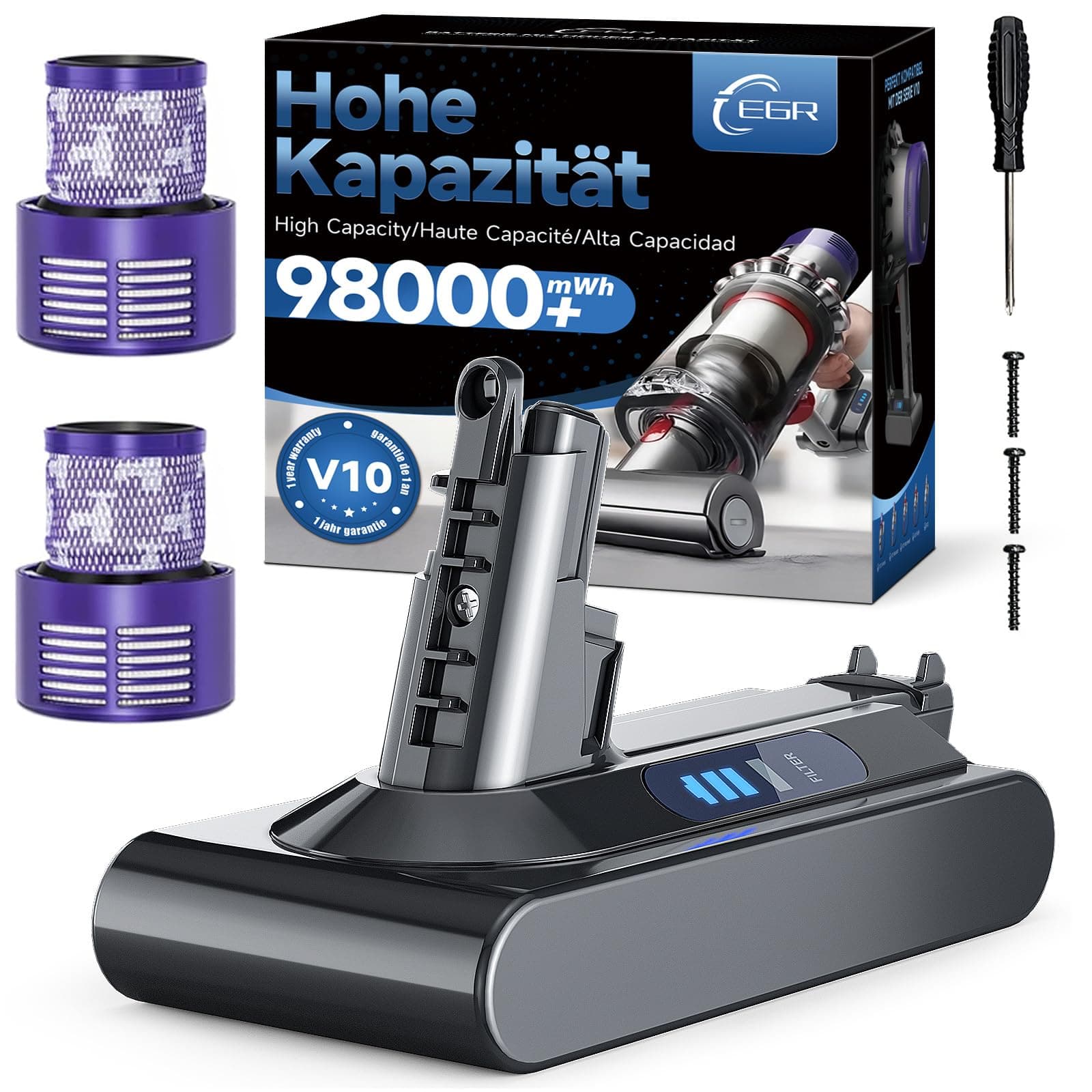 EGR Améliorée V10 Batterie Compatible pour Dyson V10 / SV12 Animal/Absolute/Motorhead/Fluffy/Total Clean SV12 Aspirateur Batterie avec 2 Filtres et 3 Vis (Non Applicable à V8/SV10)