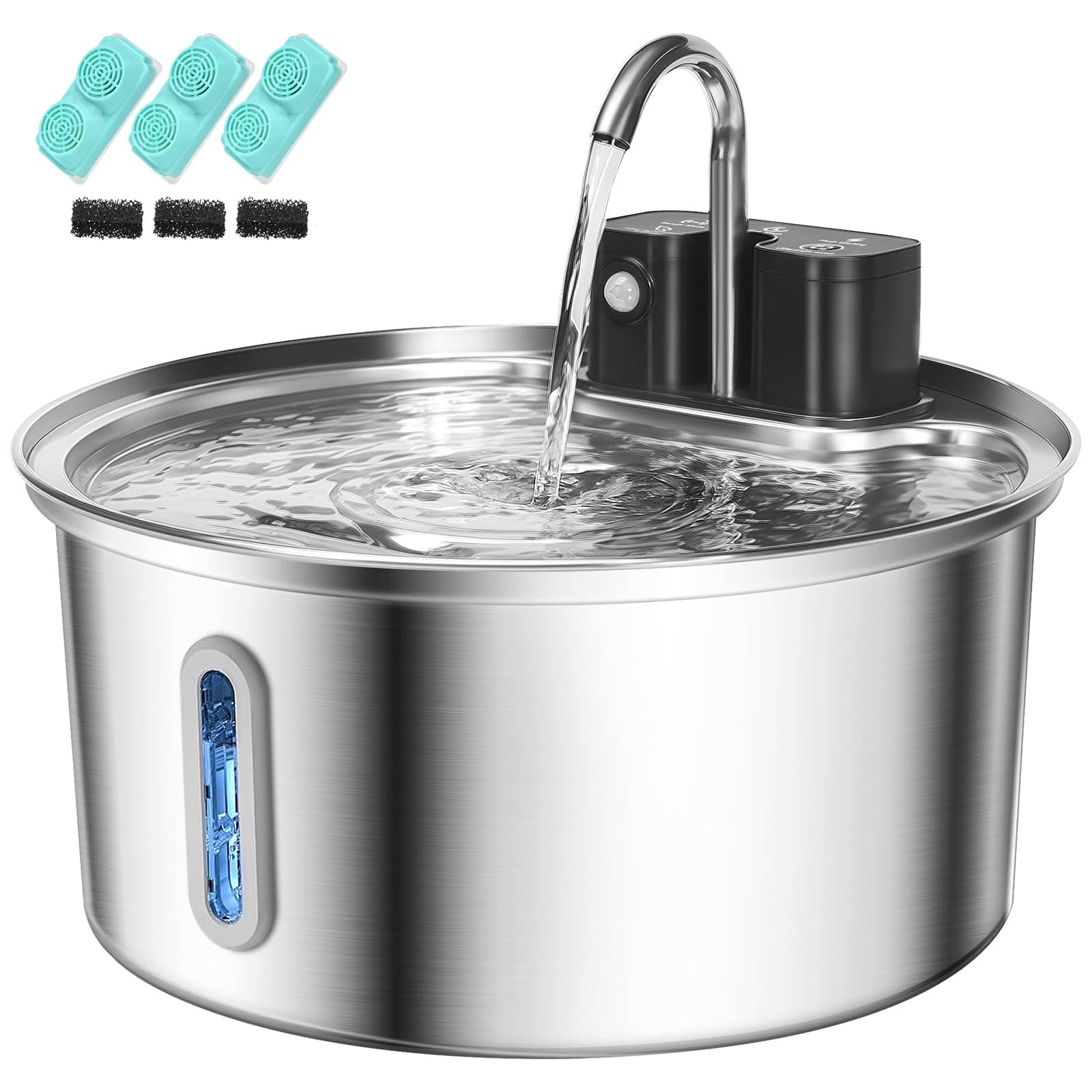 Fontaine pour Chat sans Fil - Fontaine à Eau pour Chat en Acier Inoxydable - 3.2L Fontaine pour Chat avec Capteur de Mouvement et Batterie d'une Autonomie de 45 Jours - 3 Filtres + 3 éponges