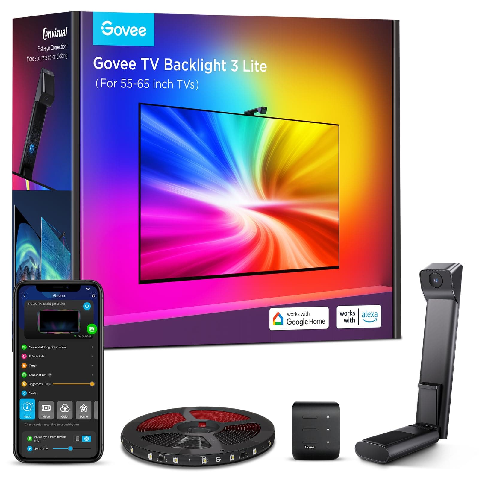 Govee TV Backlight 3 Lite con corrección de ojo de pez de cámara, 3,6m para TVs 55-65 pulgadas, retroiluminación LED RGBICW 4en1, WiFi, compatible con Alexa y control por app