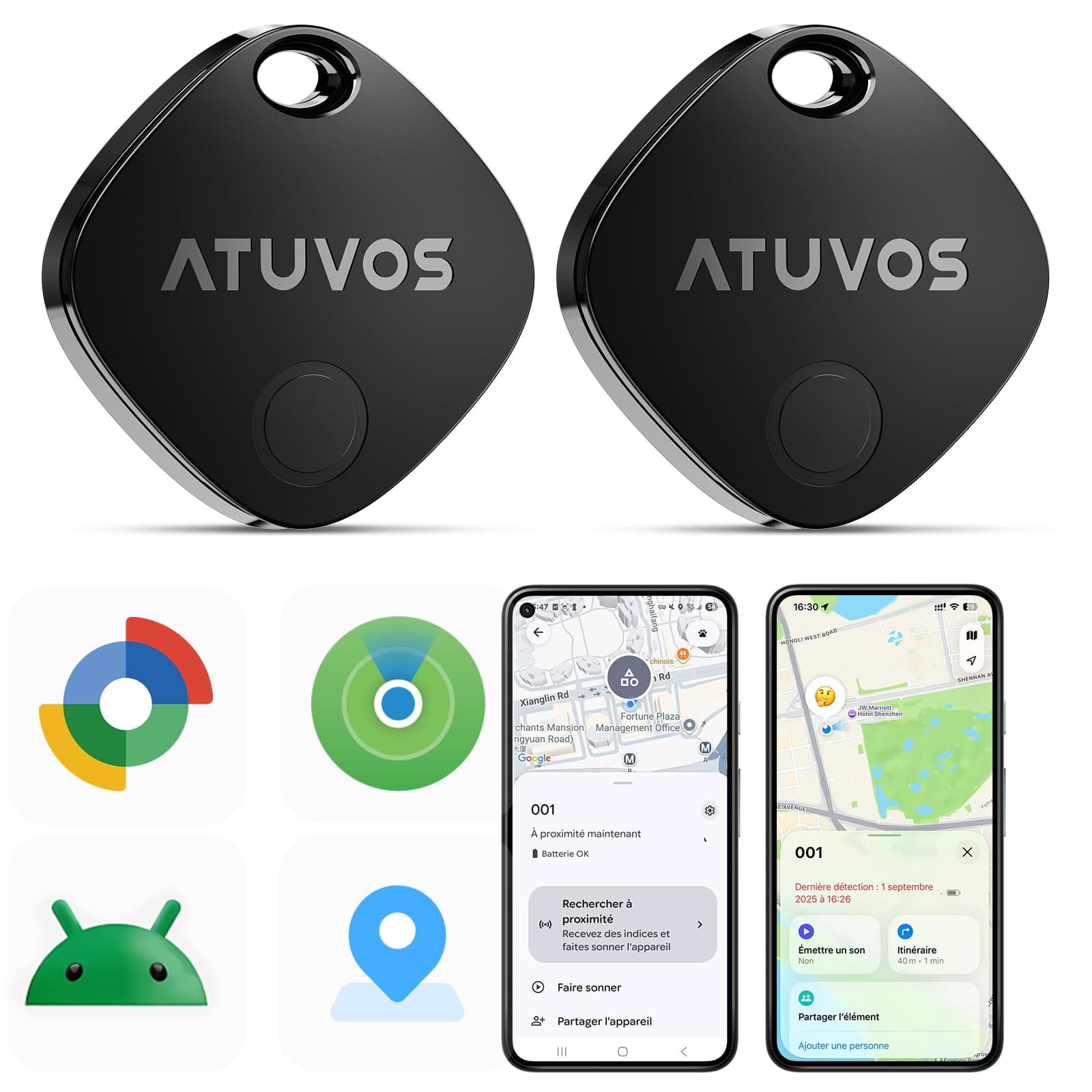 ATUVOS Air Tag Traceur Lot de 2 Android Smart Tag Tracker, Fonctionne avec l’app Google et Apple Localiser, Localisateurs D'Objets Bluetooth pour Les Clés/Portefeuilles/Valises/Sacs, IP67 Imperméable