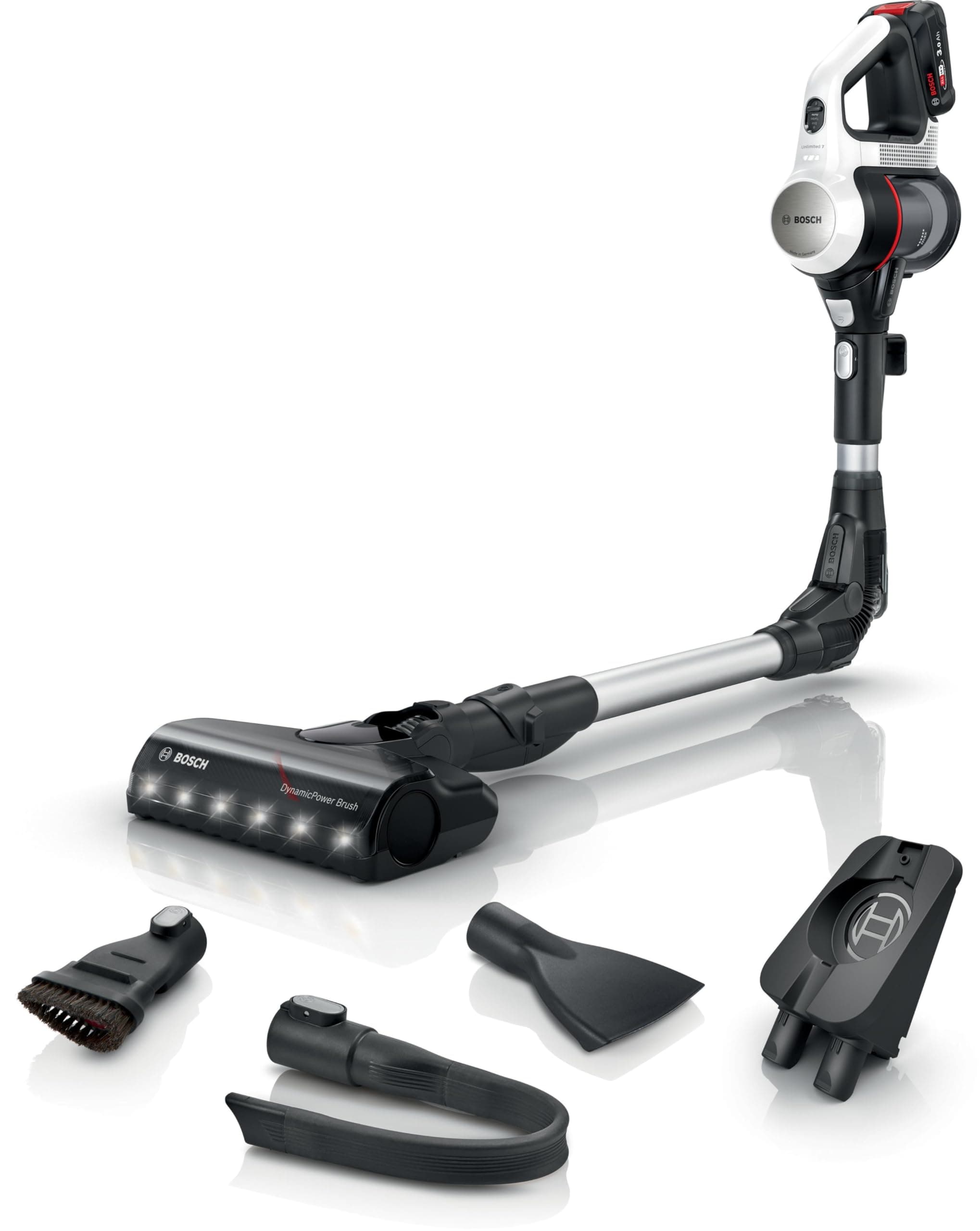 Bosch - Aspirador sin Cable Unlimited 7, Pack de batería de 3.0 Ah, Tubo Flexible, diseño Ligero, Accesorios, Luces LED, Blanco BBS711W