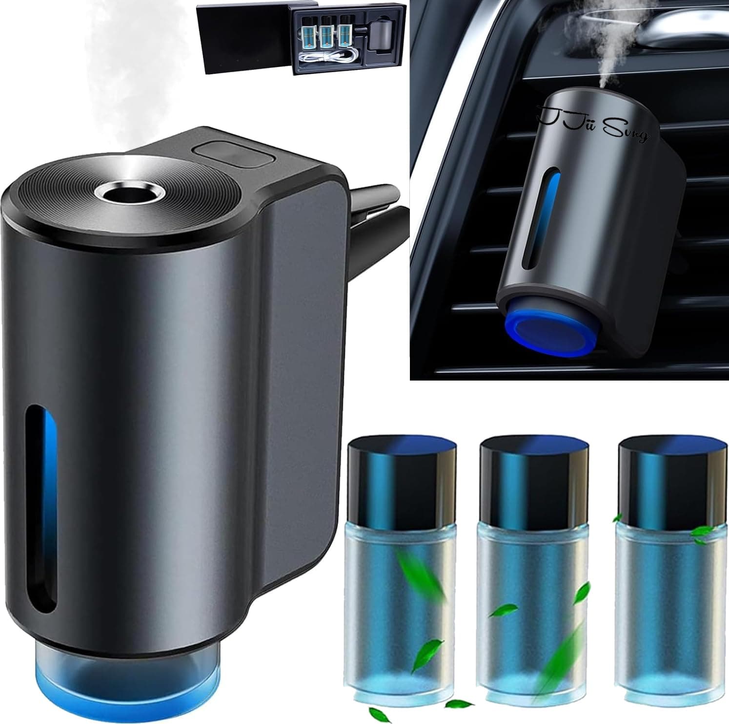 Eléctrico Ambientador Coche con 3 perfumes (Coloniaa/Chanell/Hiltonn), Nebulizador Ultrasónico, 3 Modos Inteligentes, Encendido/Apagado Automático, Batería Incorporada, 30ml de Fragancia CFK-3Z