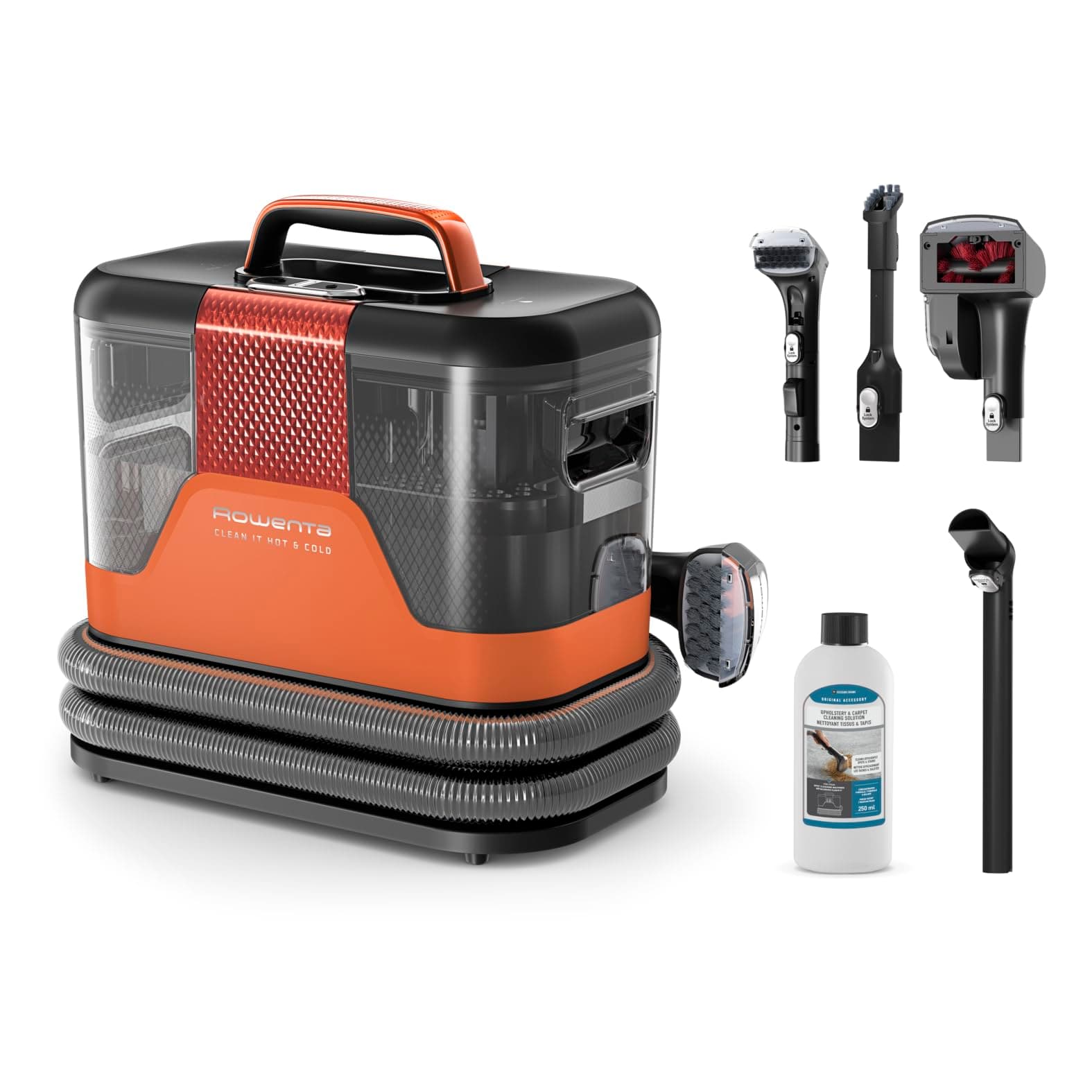 Rowenta Clean It Hot & Cold, Aspirador de tapicerías, Limpiador de manchas y moquetas, Potencia de 1150 W, Tecnología Powerheat, Limpieza 3 en 1, Color Naranja, IN7011F0