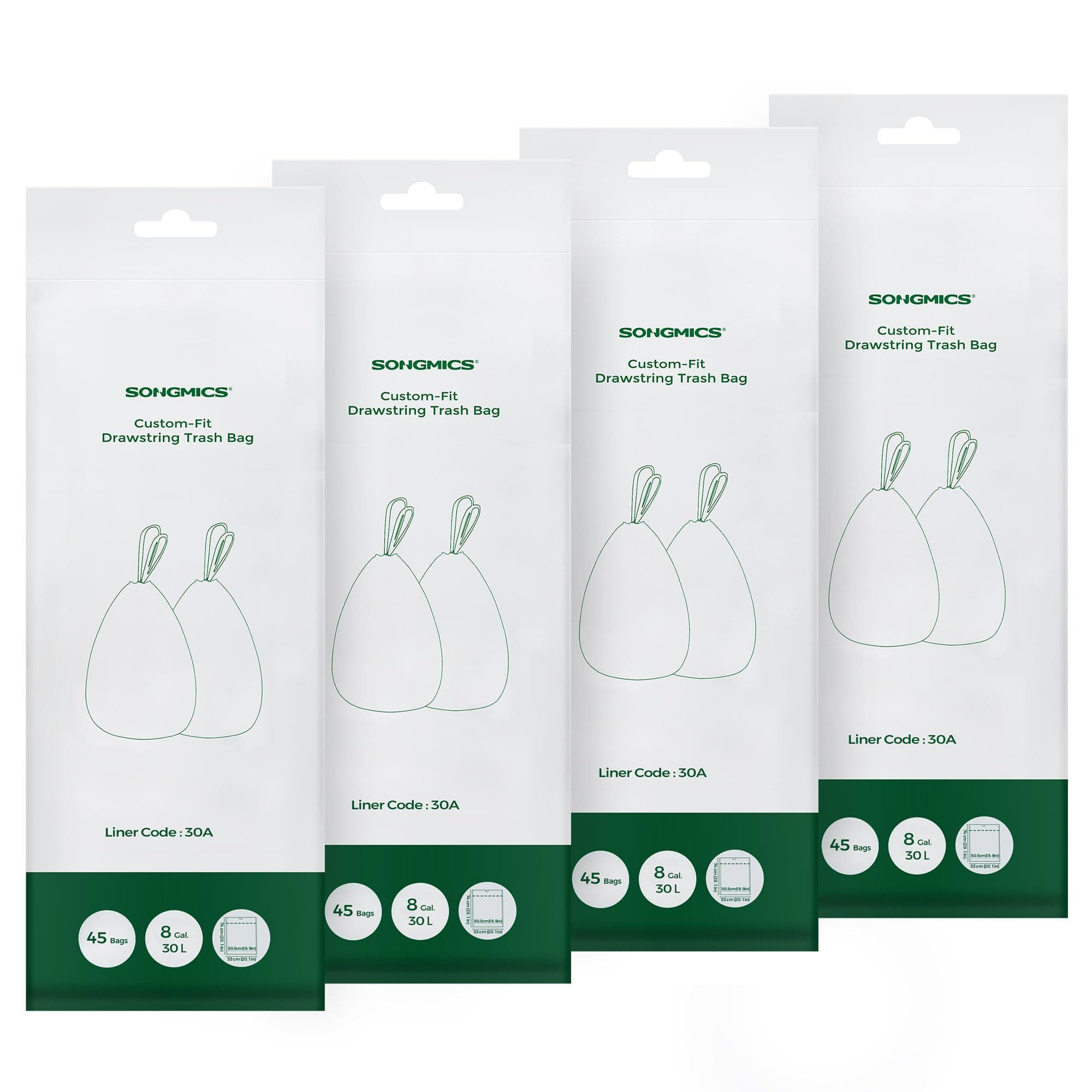 SONGMICS Sacs Poubelles Résistants, Sacs Poubelles à Liens Coulissants pour Poubelles de Cuisine 30 L, Pré-séparés, Code du Sac 30A, 4 Rouleaux, 180 Pièces, Blanc KRB030A04