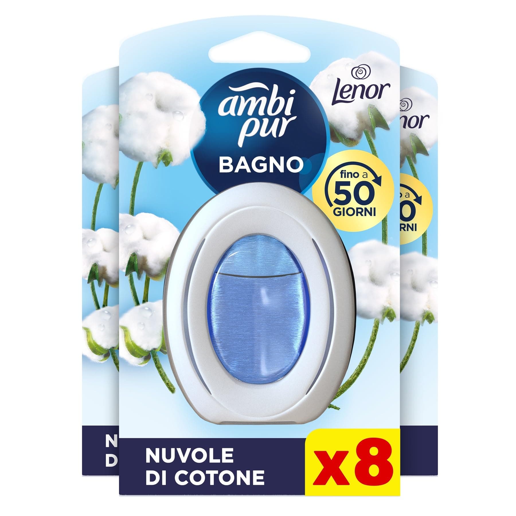 Ambi Pur Profumatore Bagno, Elimina Odori, 8 Pezzi, Nuvole di Cotone | Deodorante Ambiente con Tecnologia Anti Odore, Rinfresca l'Aria e Dona Freschezza, Durata Fino a 50 Giorni, Facile da Usare