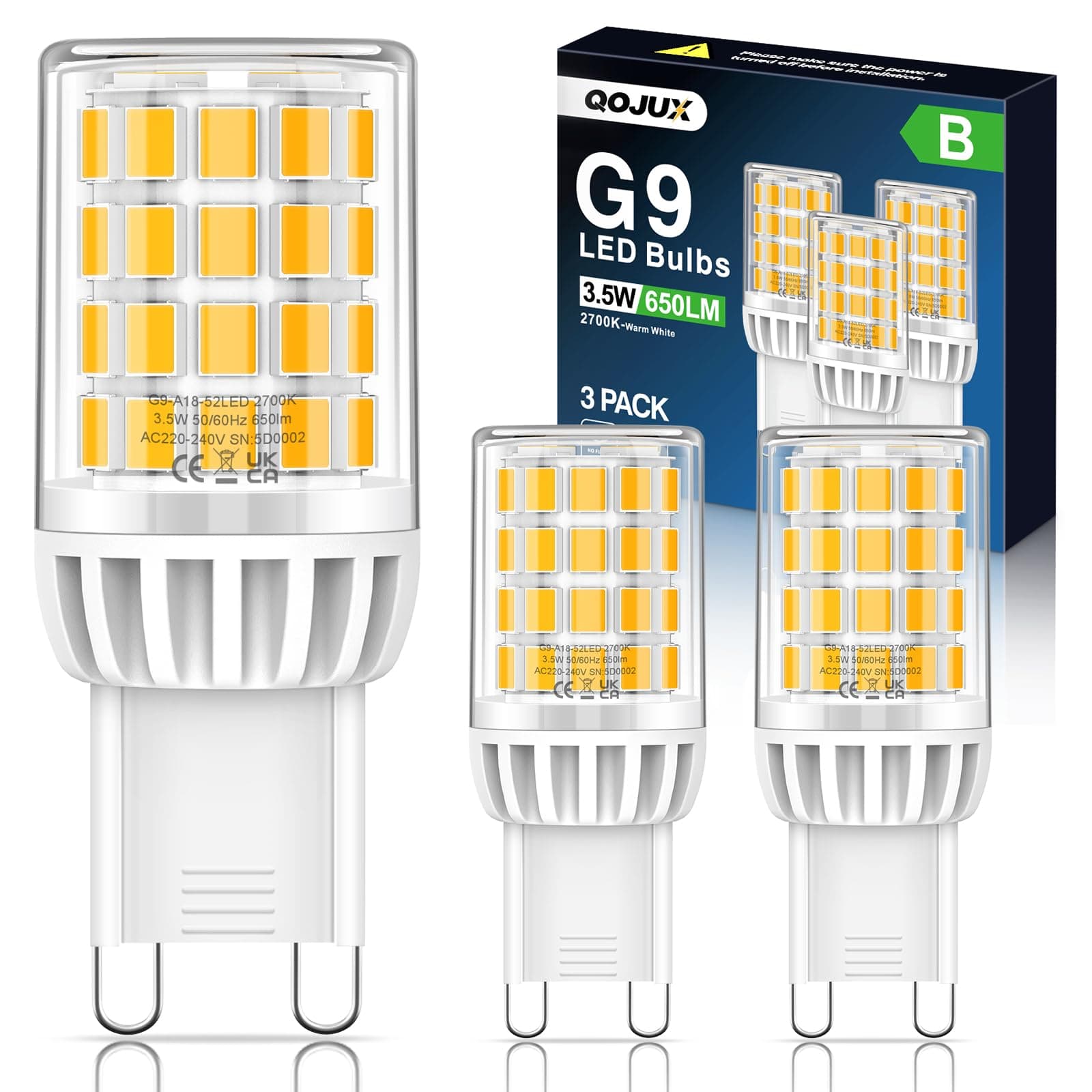 QOJUX Lampadina G9 3.5W 650LM, Equivalente a 50W Lampada Alogena, 2700K Lampadine G9 LED Luce Calda Risparmio energetico, Angolo a fascio 360°, AC 220-240V, Non Dimmerabile, Confezione da 3