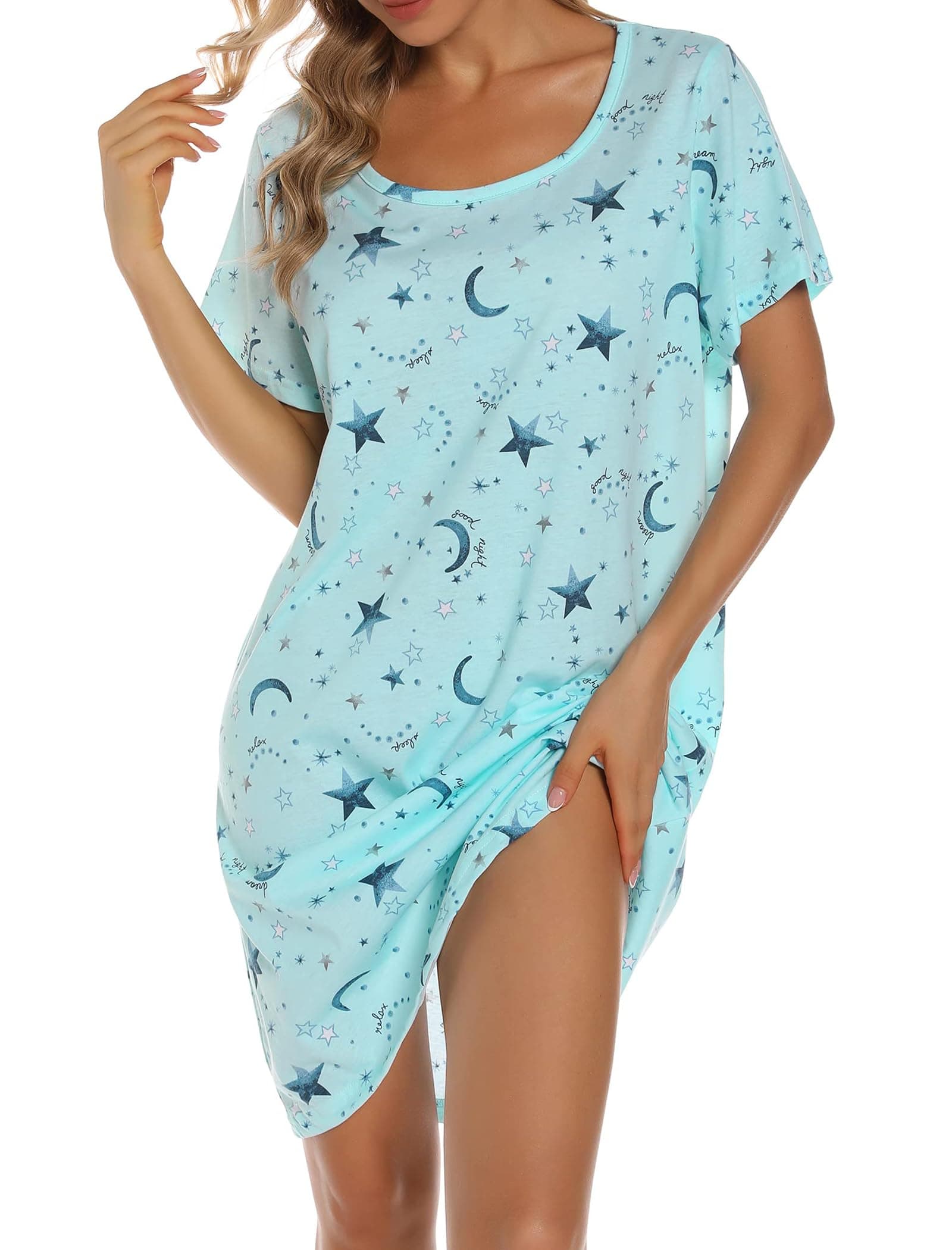 MIA LUCCE Chemise de Nuit Femme Manches Courtes Nuisette Femme Coton Robe de Nuit Col Rond de Nuit Imprimée S-XXXL