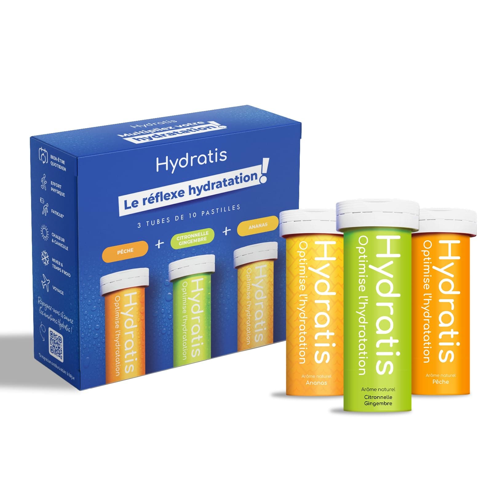 HYDRATIS - Pastilles Hydratation Electrolytes - Kit Découverte/Voyage - Mix 3 Mini Tubes - Améliore l'Hydratation et Favorise l'Énergie - Formule Isotonique - Sport. Récupération. (30 Pastilles)