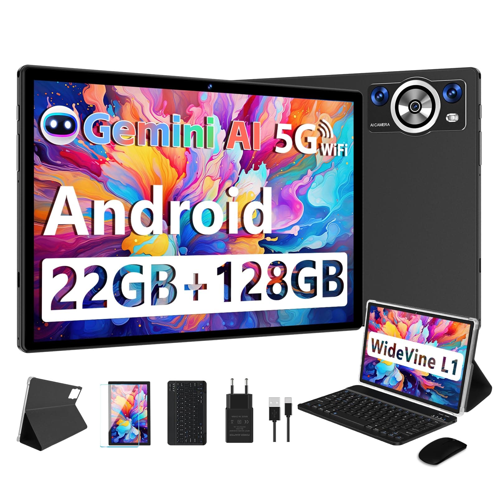 DEERTiME 2026 Tablet 10 Pulgadas Android Gemini AI, 22GB RAM+128GB ROM/TF 2TB, 8-Core 2.0 GHz, 8000mAh Batería, 5G WiFi, BT 5.0, Widevine L1, GMS, Widgets, Tablet con Funda, Teclado y Ratón - Negro