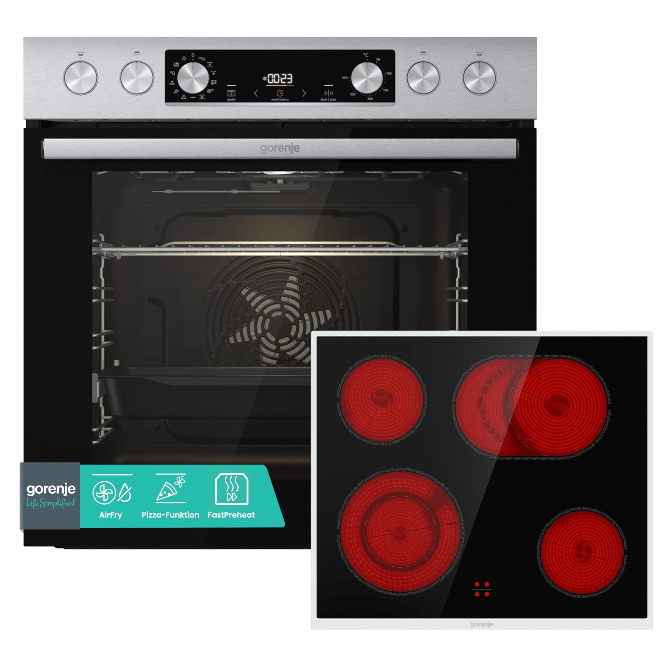 Gorenje Einbauherd-Set Heißluft Inox Set 4 mit Glaskeramik-Kochfeld / 77L / ExtraSteam / GentleClose & Open / EcoClean / AirFry / PizzaMode / PerfectGrill / Teleskopauszüge / Inox-Look