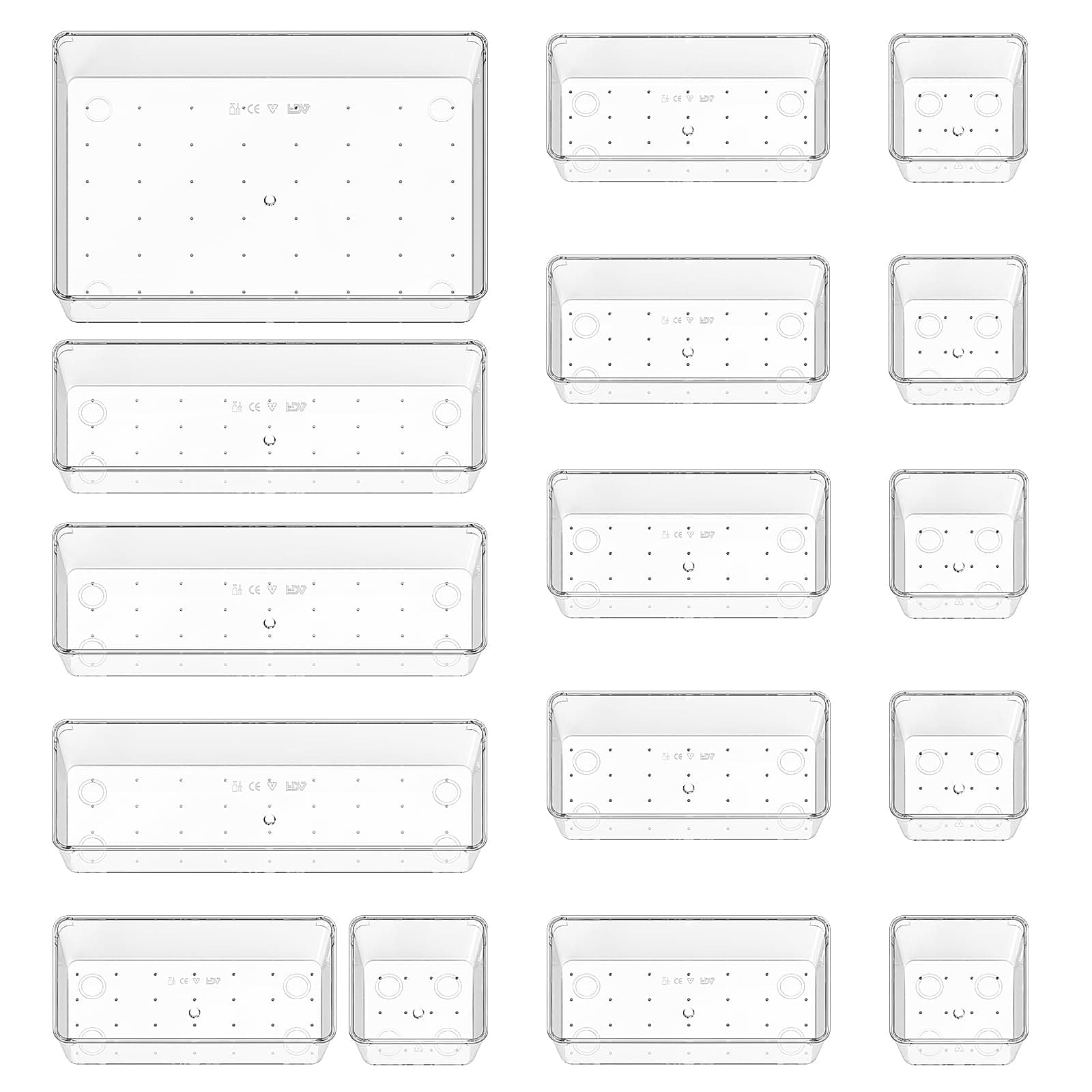 Quirlig Organizer Cassetti 16 Pezzi, Contenitori per cassetti in Plastica Trasparente di 4 Dimensioni, Divisori per Cassetti Impilabili per Bagno, Cucina, Trucchi