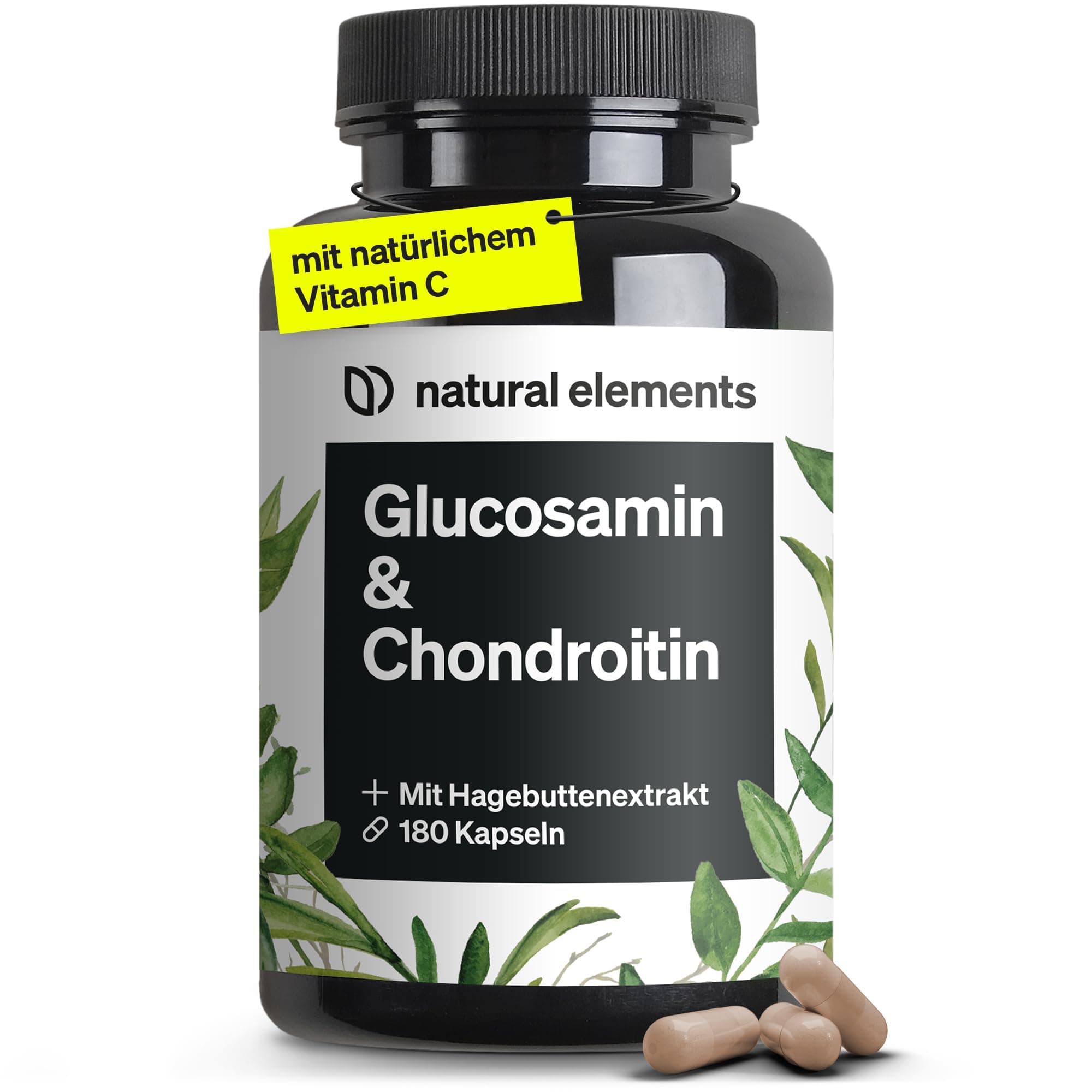 natural elements Glucosamin & Chondroitin – 180 Kapseln – mit Vitamin C für eine normale Kollagenbildung* – hochdosiert, ohne unnötige Zusätze – in Deutschland produziert & laborgeprüft