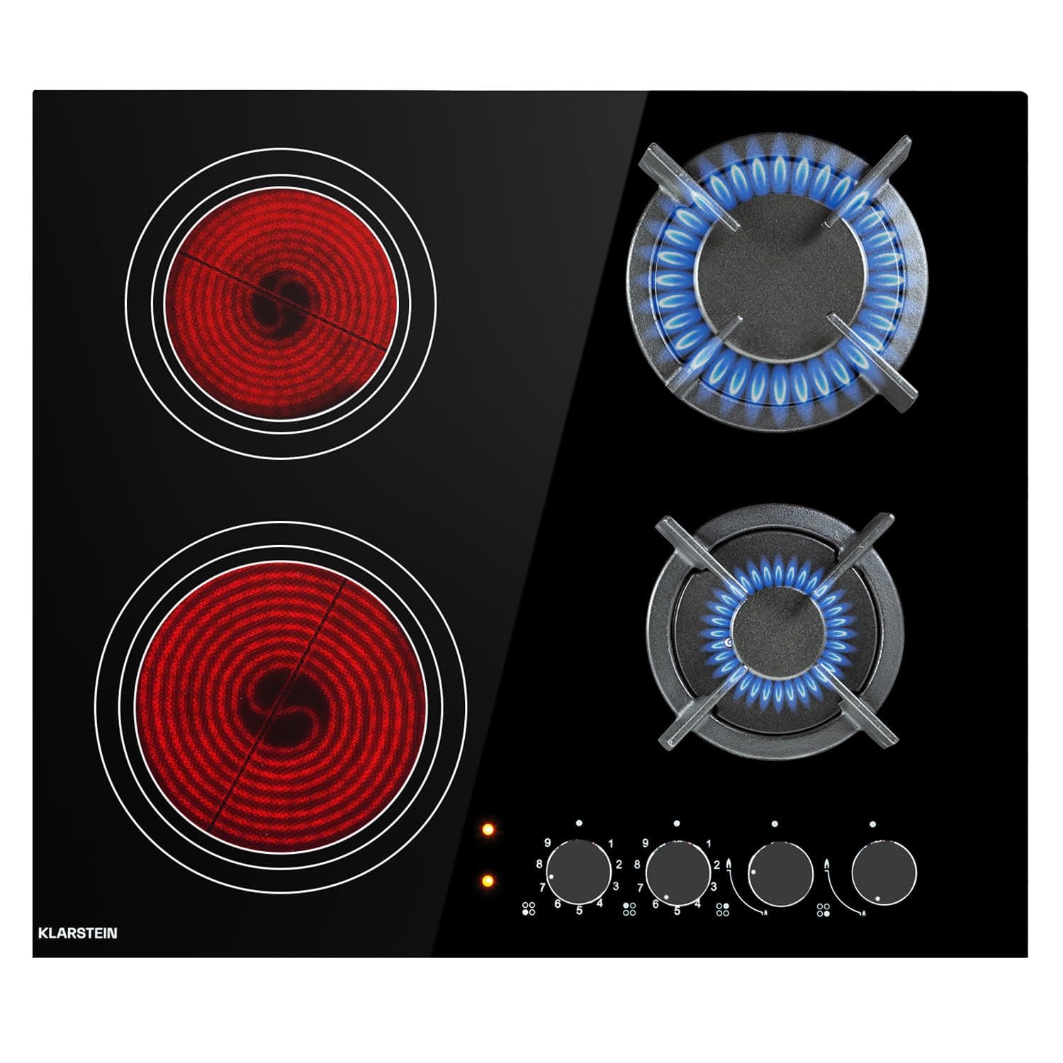 Klarstein Cocina de gas, 4 quemadores de 6,4 kW, cocina eléctrica integrada de cuatro anillos, cocina de caravana, quemador de wok superior de vidrio de acero inoxidable, estufa de cocina de 4 anillos