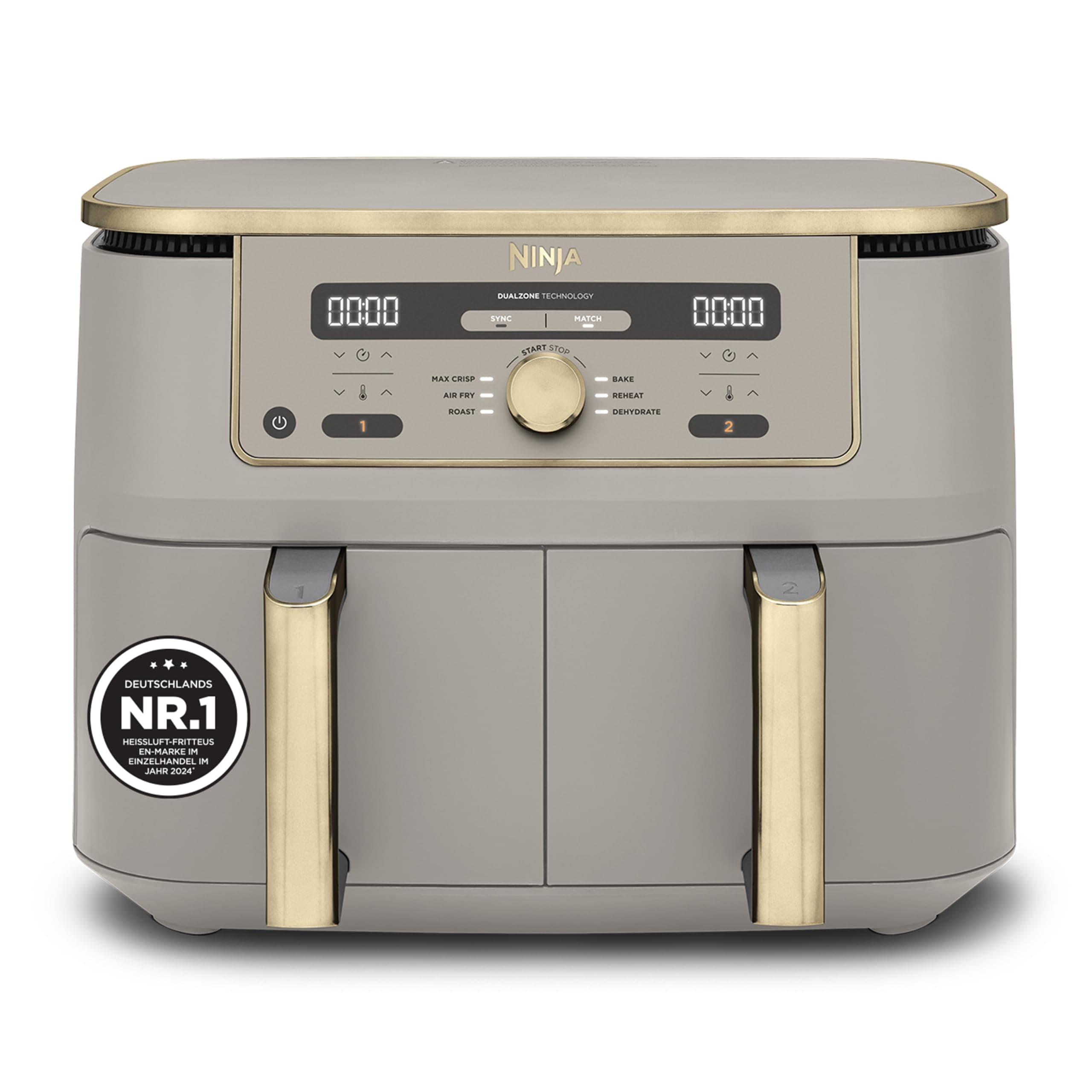 Ninja Dual Zone Digital Air Fryer, 2 Schubladen, 6-in-1, Heißluftfritteuse, 9,5L, Heißluft-Frittieren, Max Crisp, Rösten, Backen, Aufwärmen, Spülmaschinenfeste Körbe, Stone/Gold DZ400EUSTGD