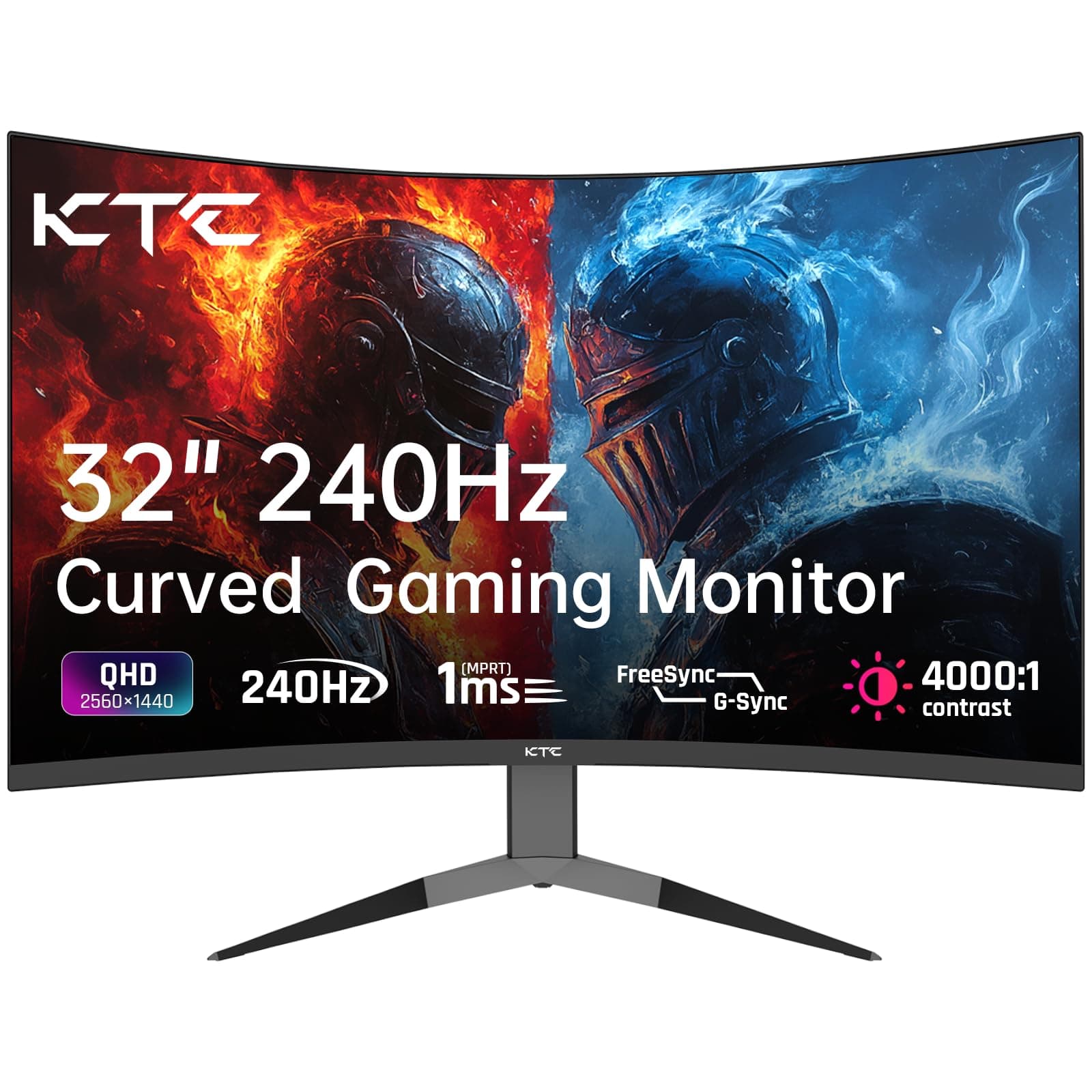 KTC Monitor 32 Pulgadas Curvo 1000R, Monitor Gaming 2K WQHD (2560x1440p) 240Hz, MPRT 1ms, Adaptive Sync, 122% sRGB, Contraste 4000:1, DP 1.4 (240Hz), HDMI 2.0 (144Hz), inclinación y Soporte VESA