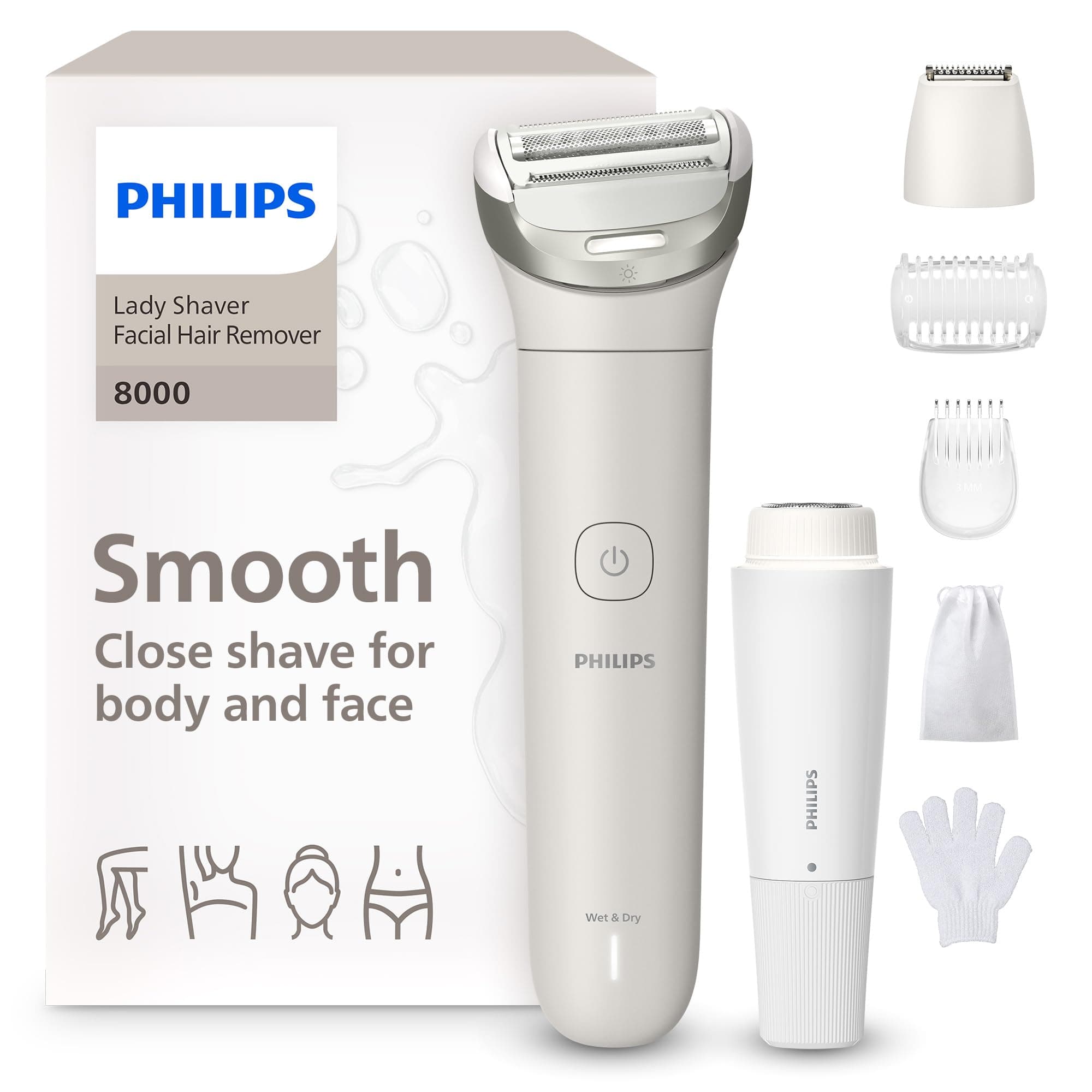 Philips Lady Shaver Serie 8000 - Rasoio senza filo, Wet & Dry, sistema di rasatura a 3 lame, testina di rasatura flessibile,per viso,corpo, gambe e zona bikini,100 minuti di utilizzo,modello BRL159/00