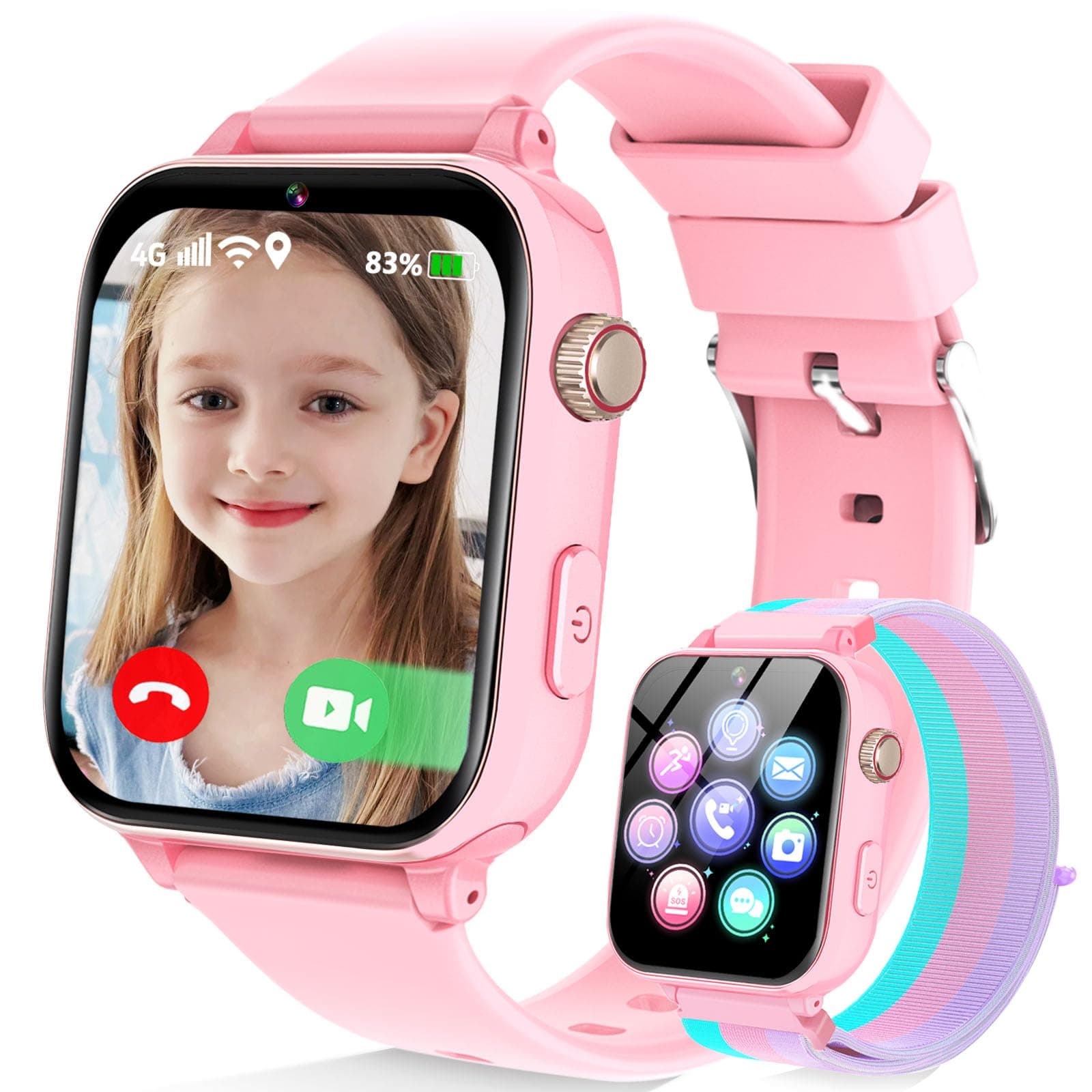 4G Smartwatch Bambini, Orologio Smartwatch Bambini con GPS SOS Videochiamata Chat Vocale Modalità Classe Fotocamera Calcolatrice Contapassi, Smart Watch Bambino Bambina 4-12 Anni Regalo (Rosa)