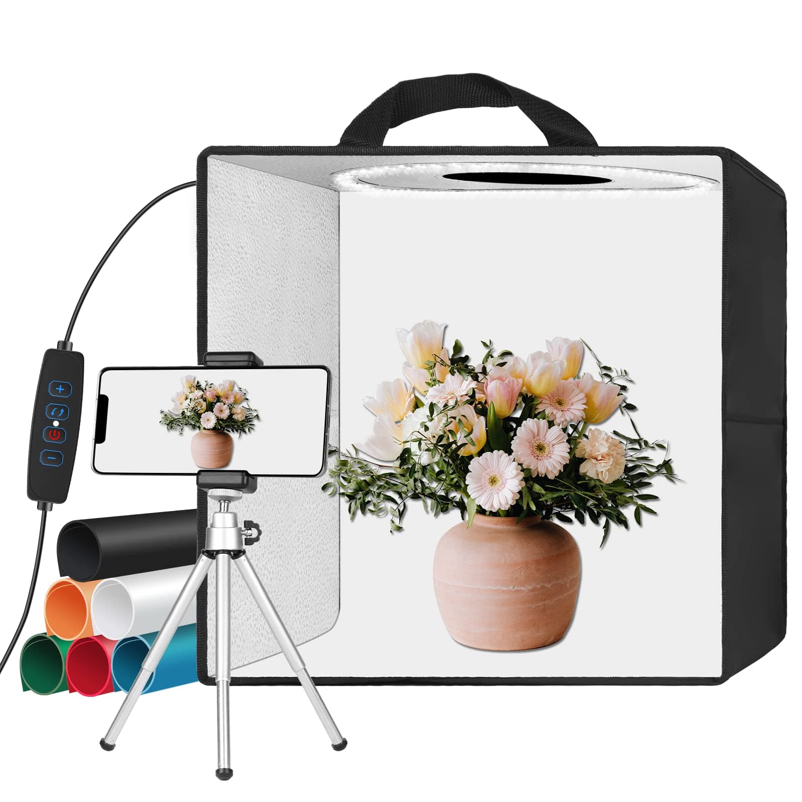 EMART Caja de Luz Fotográfica 30x30cm Estudio Fotográfico con 120 Luces LED | 6 Fondos Impermeables, Kit Portátil de Tienda de Tiro Regulable, Joyas y Artículos Pequeños