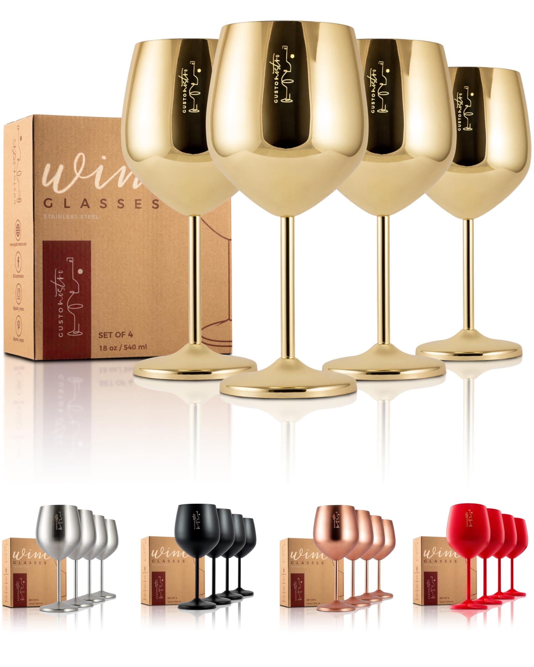 Gusto Nostro calici da vino in acciaio inox - 540 ml - Calici da vino Oro i Infrangibili, da viaggio,per camping e piscina - Bicchieri da vino in metallo eleganti per eventi all’aperto,Set da 4