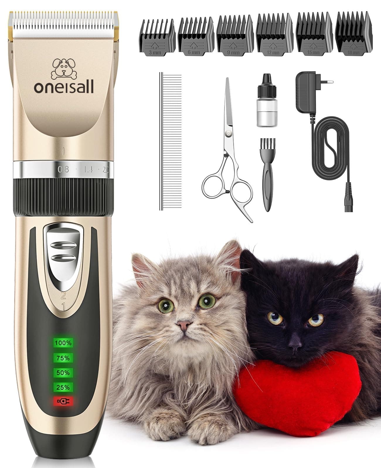 oneisall Tondeuse pour chats pour les poils emmêlés, Kit de toilettage à 2 vitesses, Tondeuse à cheveux sans fil et silencieuse pour chiens