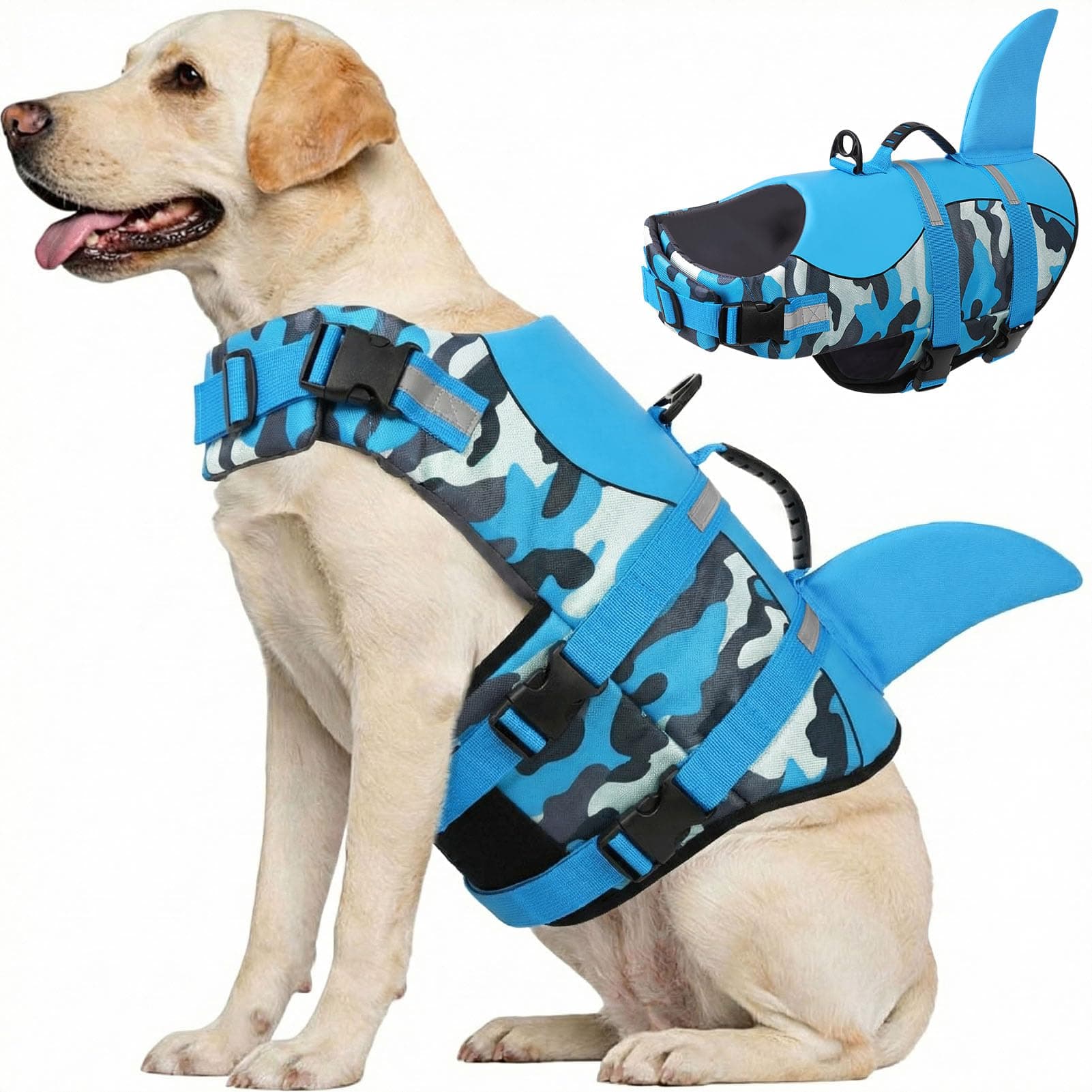 CITÉTOILE Salvagente per Cane, Giubbotto Salvagente per Cani, Ripstop Regolabile Squalo Giubbotto di salvataggio, Leggero e Sicuro per Gli Sport Acquatici, Blu mimetico, XL
