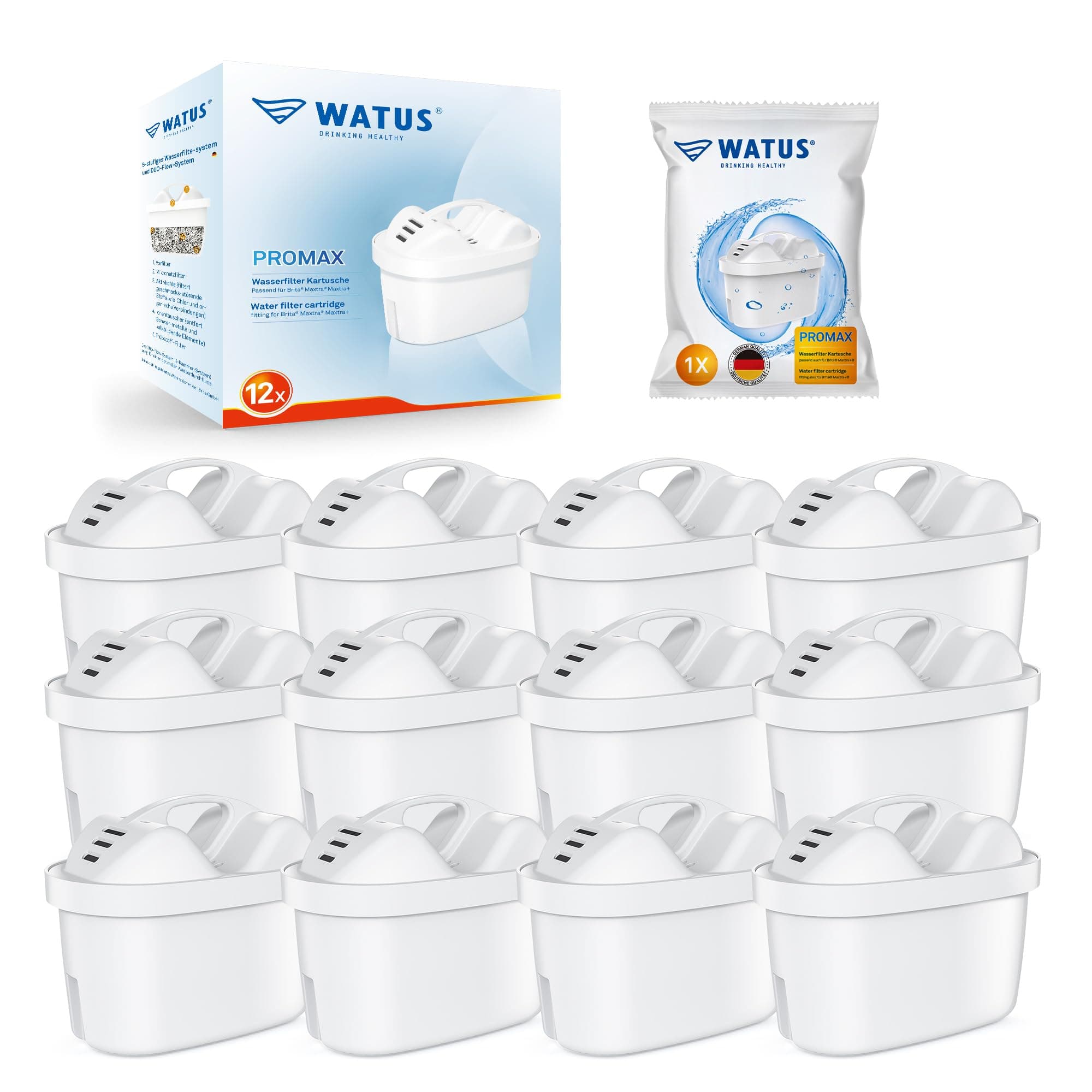 Watus Filtre, pour Brita Cartouche, pour Brita Maxtra Pro, Maxtra Plus, Fabriquées en Allemagne, Réduisent Le Plomb, Le Chlore, Les Métaux Lourds Et Le Calcaire Dans l'Eau (12)