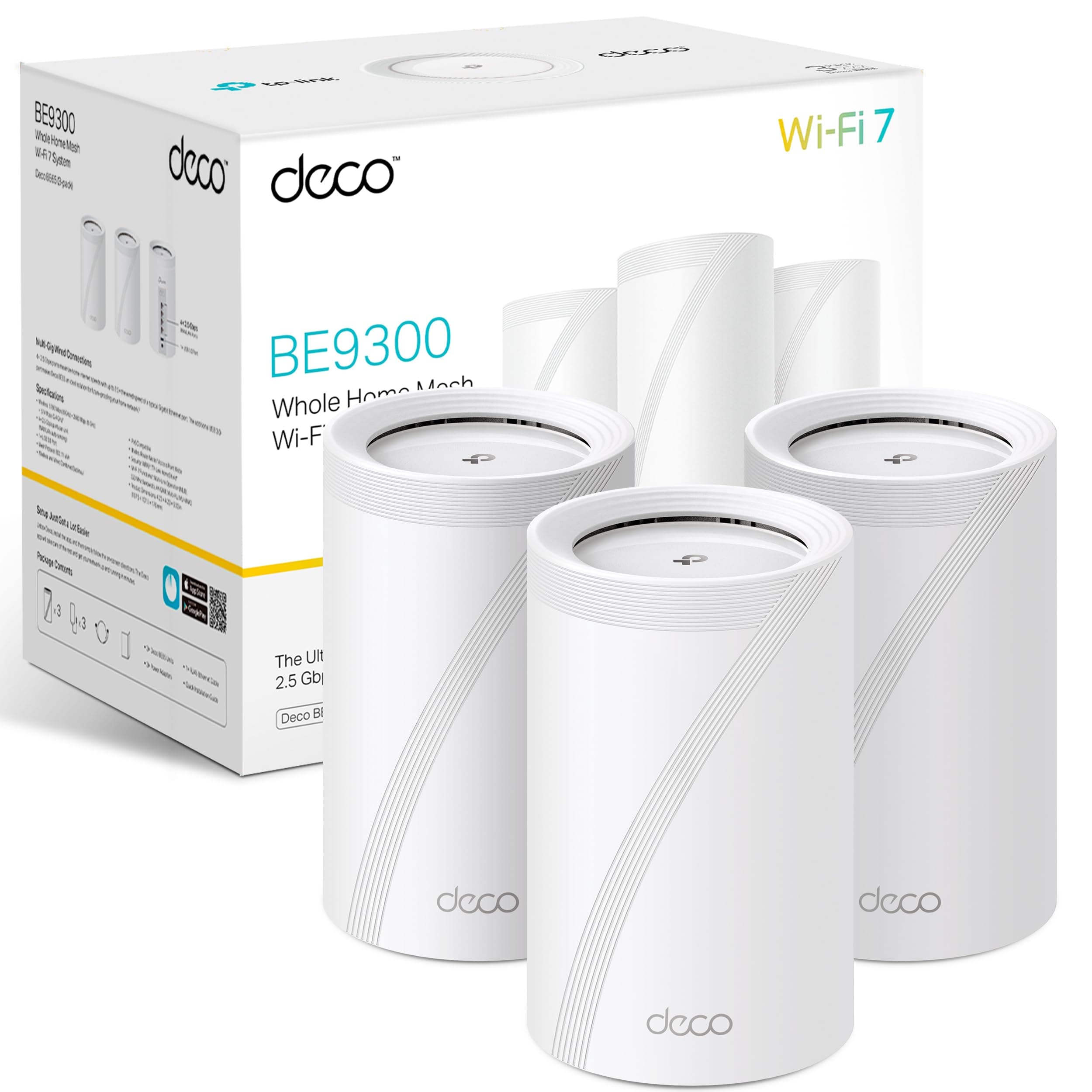 TP-Link Deco BE65(3-Pack) - BE9300 Wi-Fi 7 Mesh WLAN Set (Paquete de 3), Tribanda 5760 Mbit/s (6 GHz) + 2880 Mbit/s (5 GHz) + 574 Mbit/s (2,4 GHz), 6 transmisiones, 4 Puertos 2.5G, 1 USB 3.0