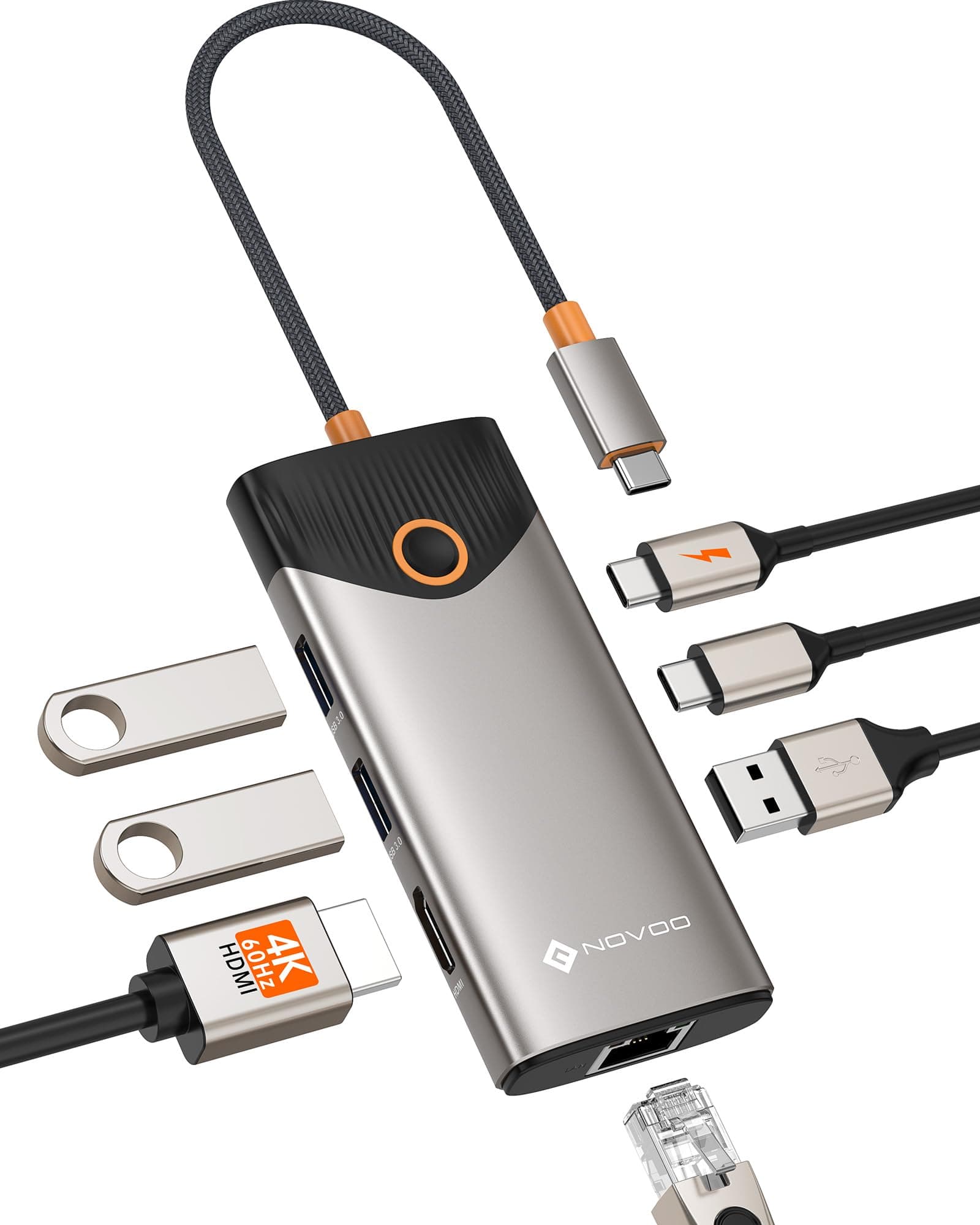 NOVOO USB C Hub, 7-en-1 Dock con HDMI 4K@60Hz, 1Gbps Ethernet, 100W PD Carga, Puertos USB-A/C 5Gbps, Estación Docking Compatible para MacBook, iPad, iPhone, DELL, HP, Surface
