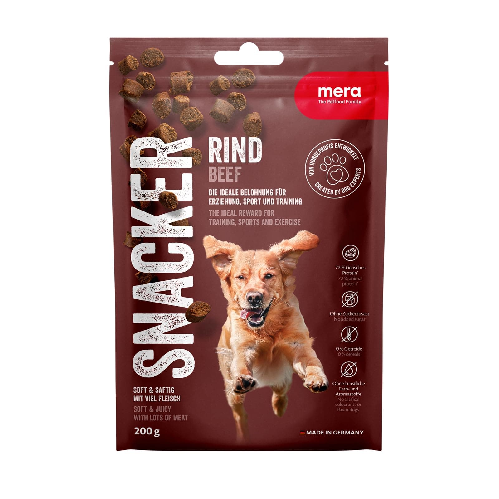 MERA Snacker Rind (1 x 200g), getreidefrei, softe Hundeleckerli für Training oder als Snack, herzhafte fleischige Leckerlies für alle Hunde