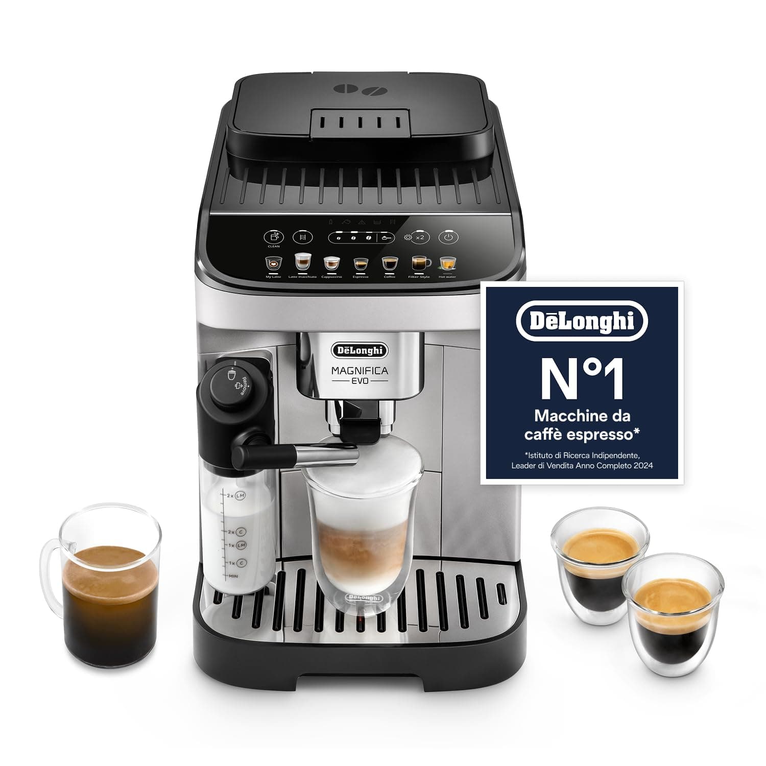 De’Longhi Magnifica Evo – Perfetto Macchina da Caffè Automatica, LatteCrema Montalatte Automatico, 7 Bevande in un Solo Tocco, Comandi Soft Touch, Argento e Nero (ECAM292.81.SB)