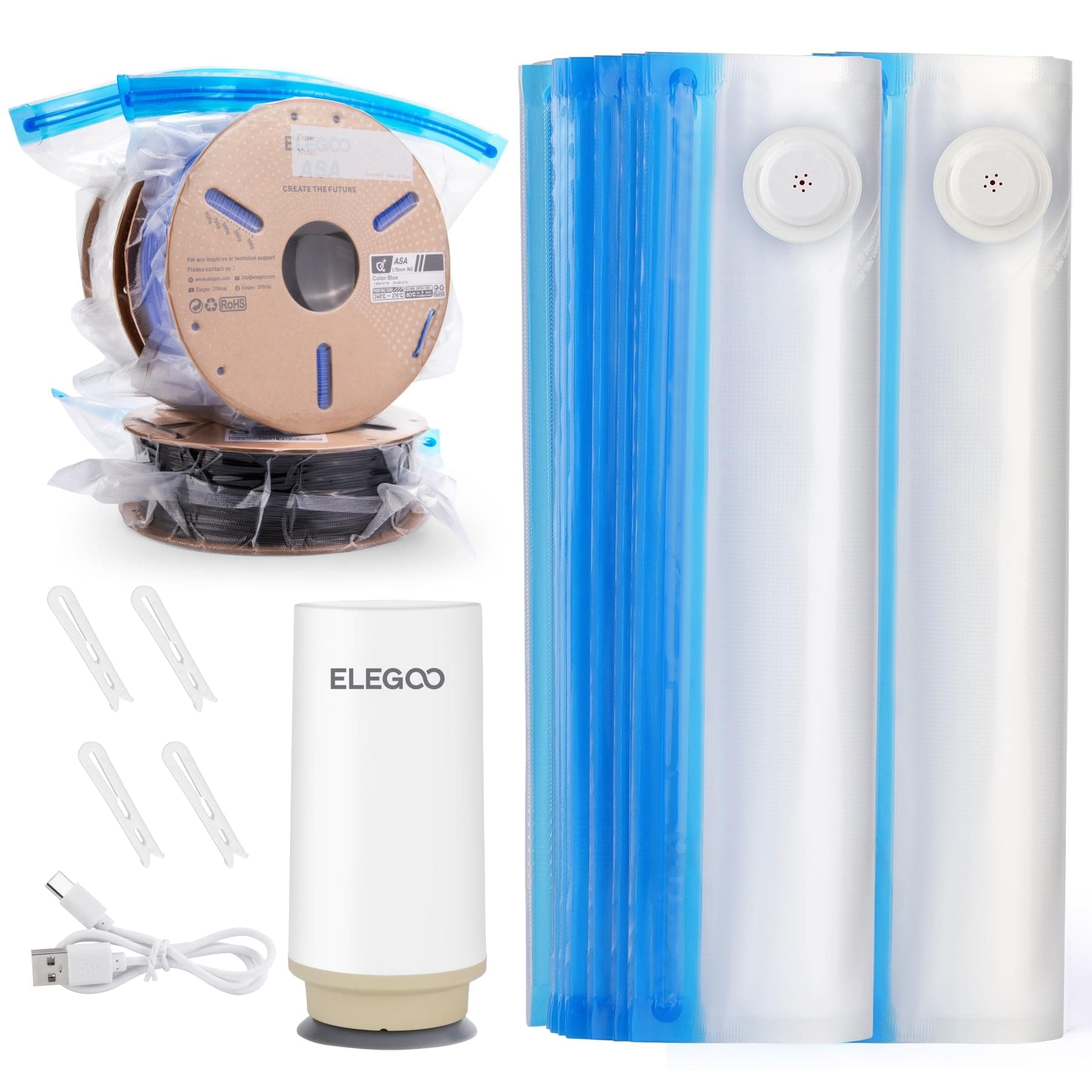 ELEGOO Kit Stockage Sous Vide Filament 3D, Pompe Automatique, 20 Sacs | 20 Sacs Épaissis 35×32cm, Clips d’Étanchéité, Anti-Poussière, Résistant à l’Humidité