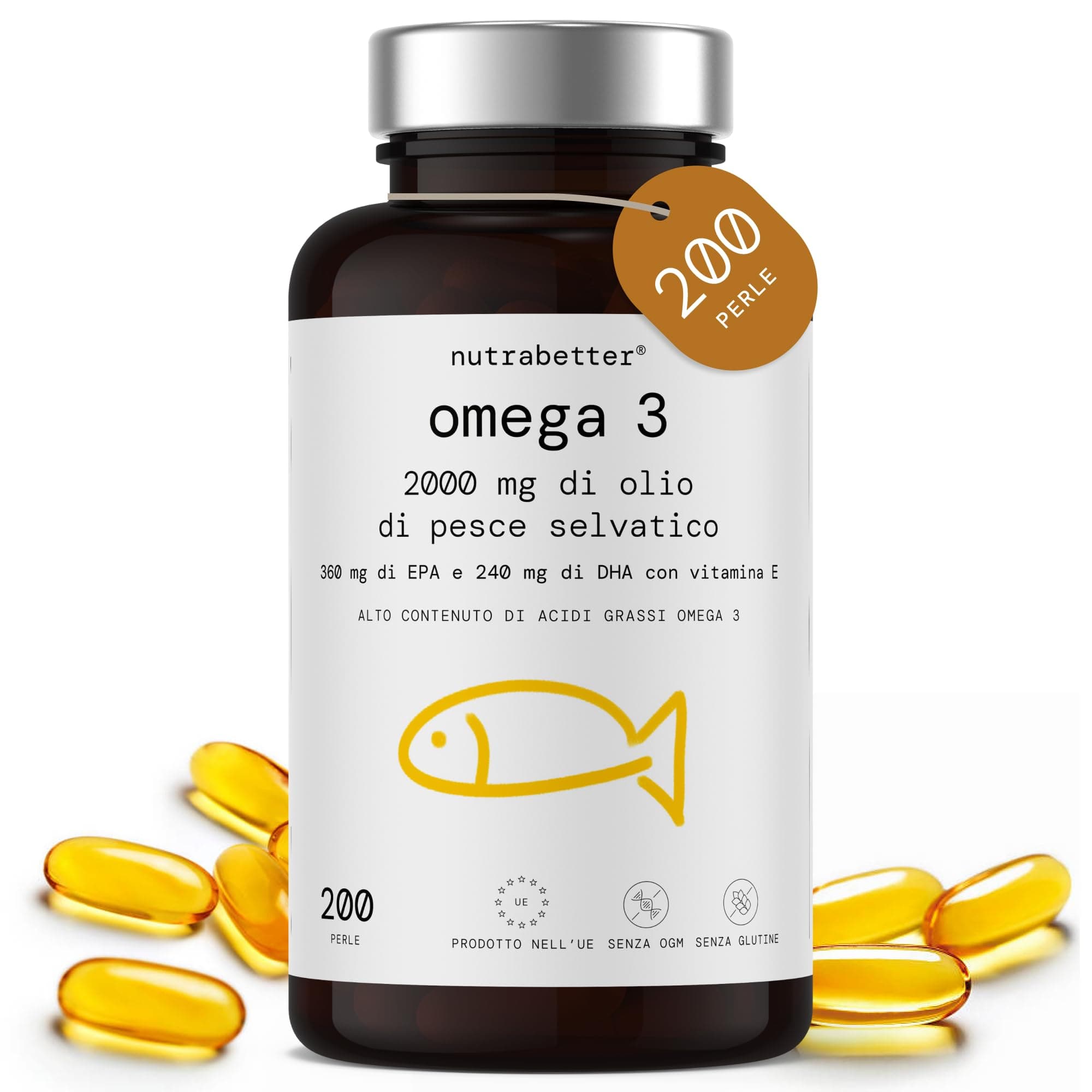 Omega 3 Olio di Pesce da 2000 mg | 200 Capsule Softgel | 600 mg omega - 3 Puro + Vitamina E | Cuore, Vista, Funzione Cerebrale | Qualità Testata | Fish Oil Omega3 | Integratore Omega 3