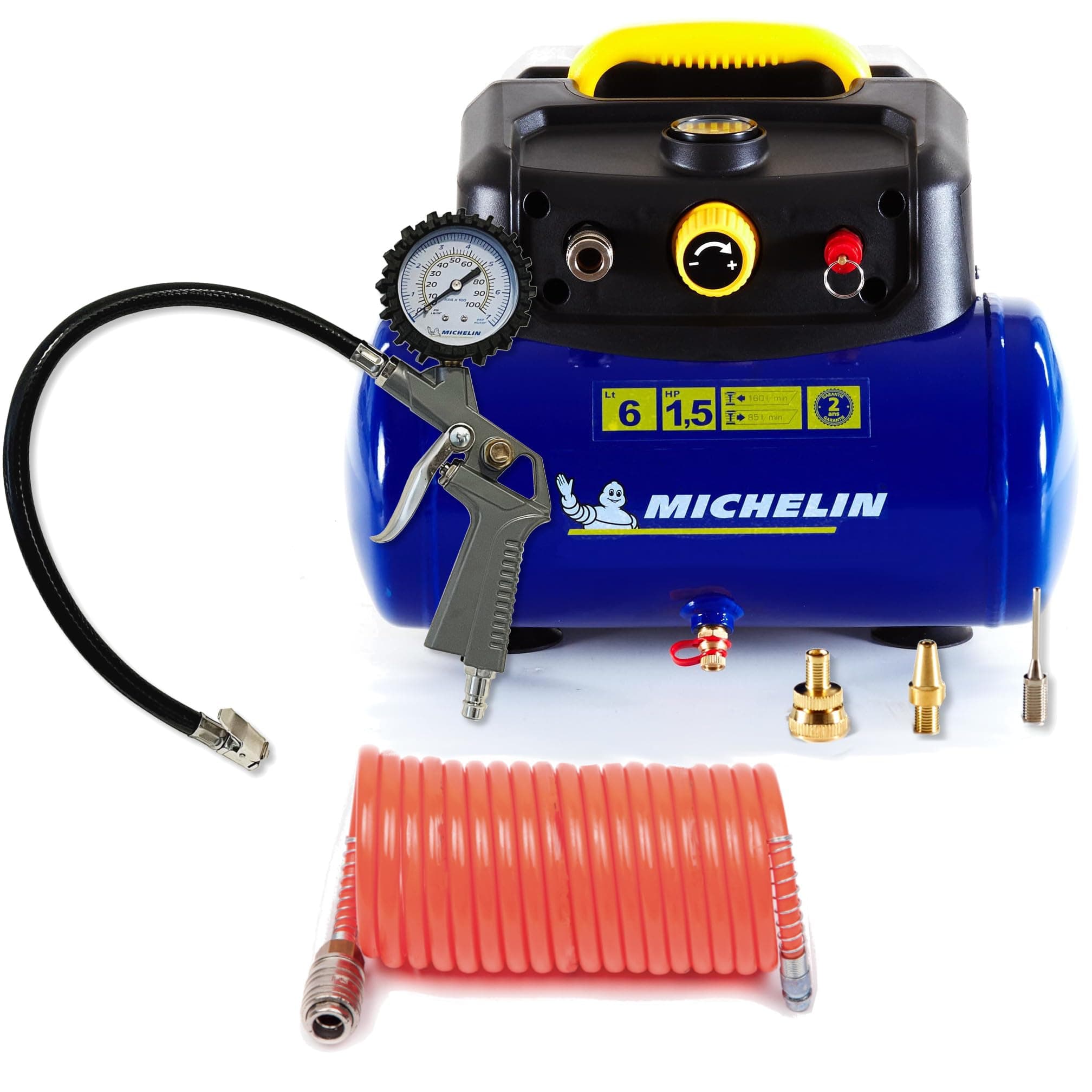 Michelin Compressore d'Aria Portatile MBL6, Compressore Aria Oil-Free da 6 Litri, Manometro Integrato + Kit (Include pistola di gonfiaggio, tubo a spirale, 3 ugelli)
