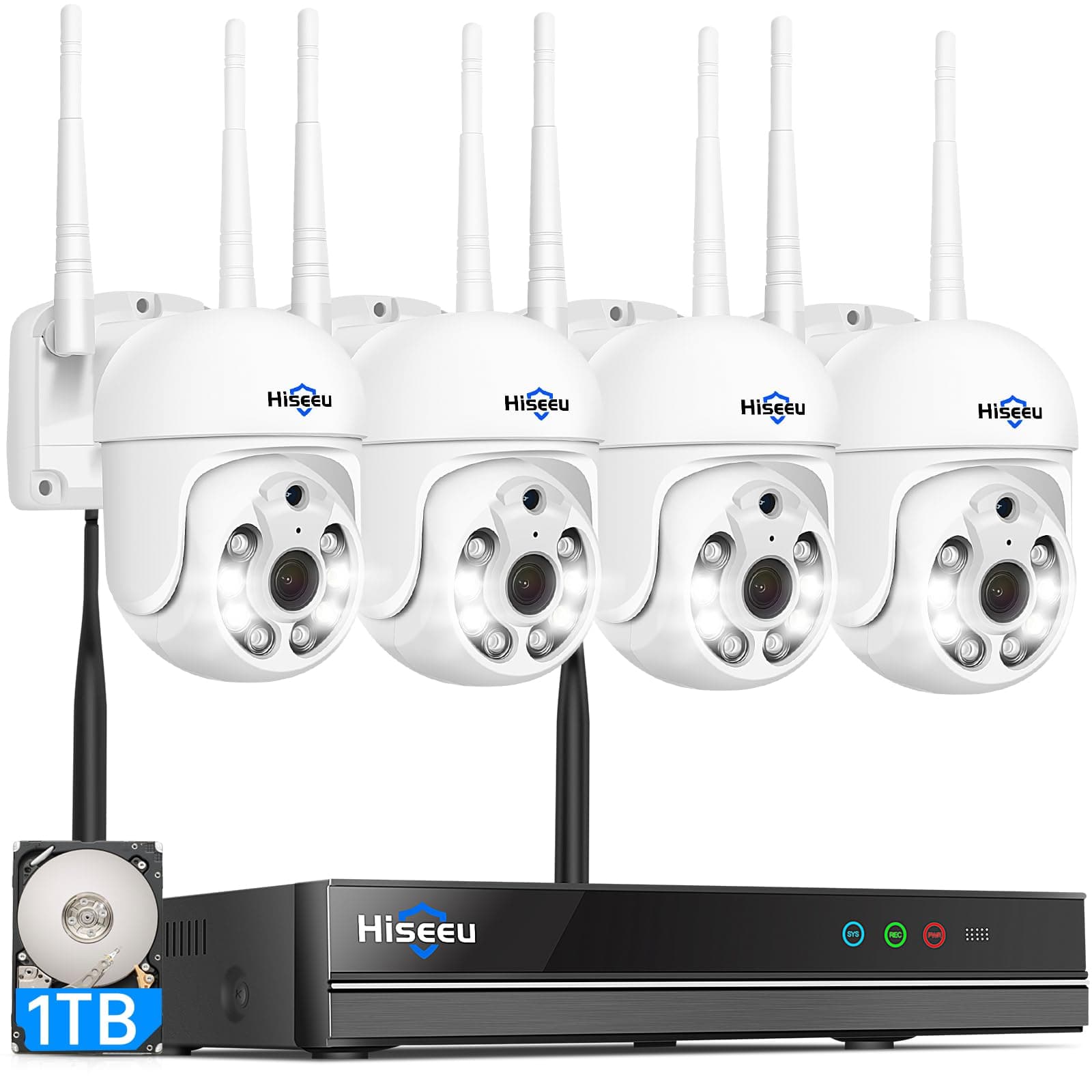 Hiseeu 5MP Kit Videosorveglianza Senza fili PTZ WiFi Esterno, 5MP NVR con 1TB HDD e 4X5MP PTZ Telecamera IP,Visione Notturna a Colori, Rilevamento del Movimento, Audio Bidirezionale,Remoto Vista