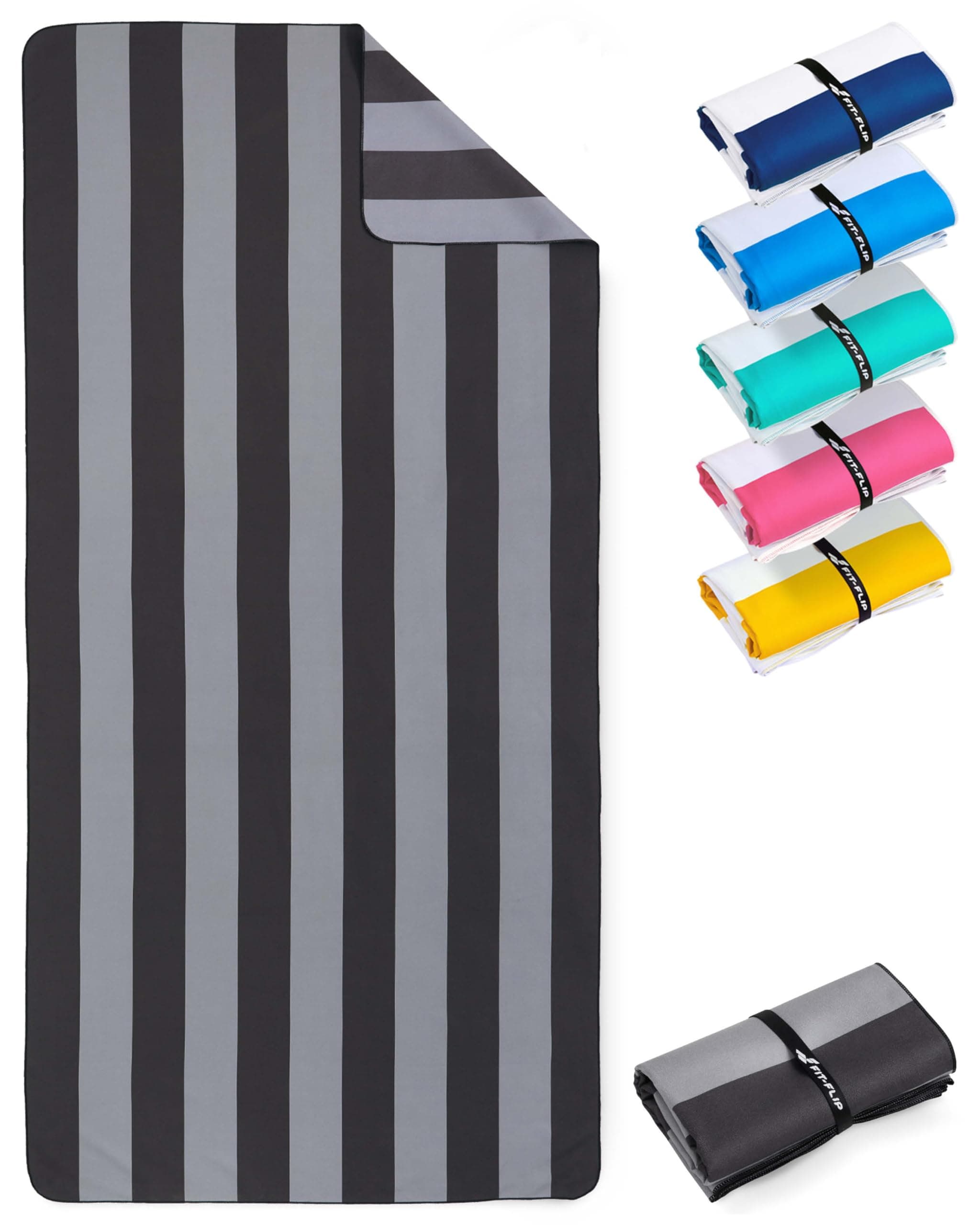Fit-Flip Strandtuch XXL Mikrofaser leicht und schnelltrocknend | Grau-Dunkelgrau gestreift 200x90cm, Strandhandtuch, 100% recycelt, Badetuch groß, Reisehandtuch
