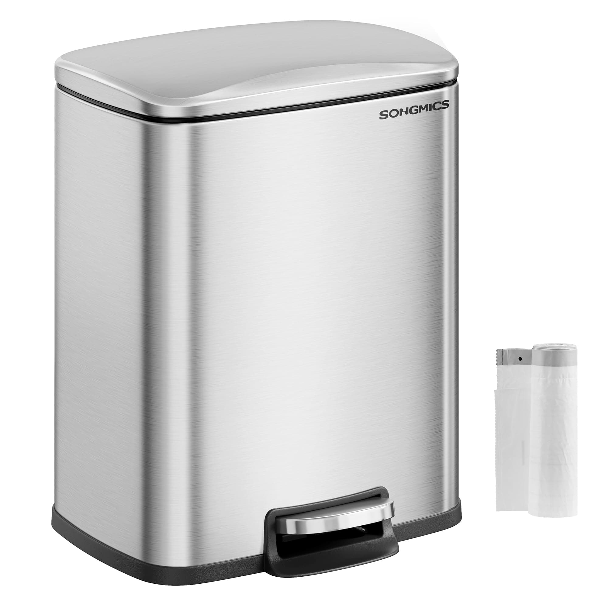 SONGMICS Poubelle de Cuisine, Poubelle à Pédale de 20 L, Bac à Ordures, Couvercle à Fermeture Douce, Reste Ouverte, Seau Intérieur, 15 Sacs Poubelles Inclus, Argent Métallique LTB543E01