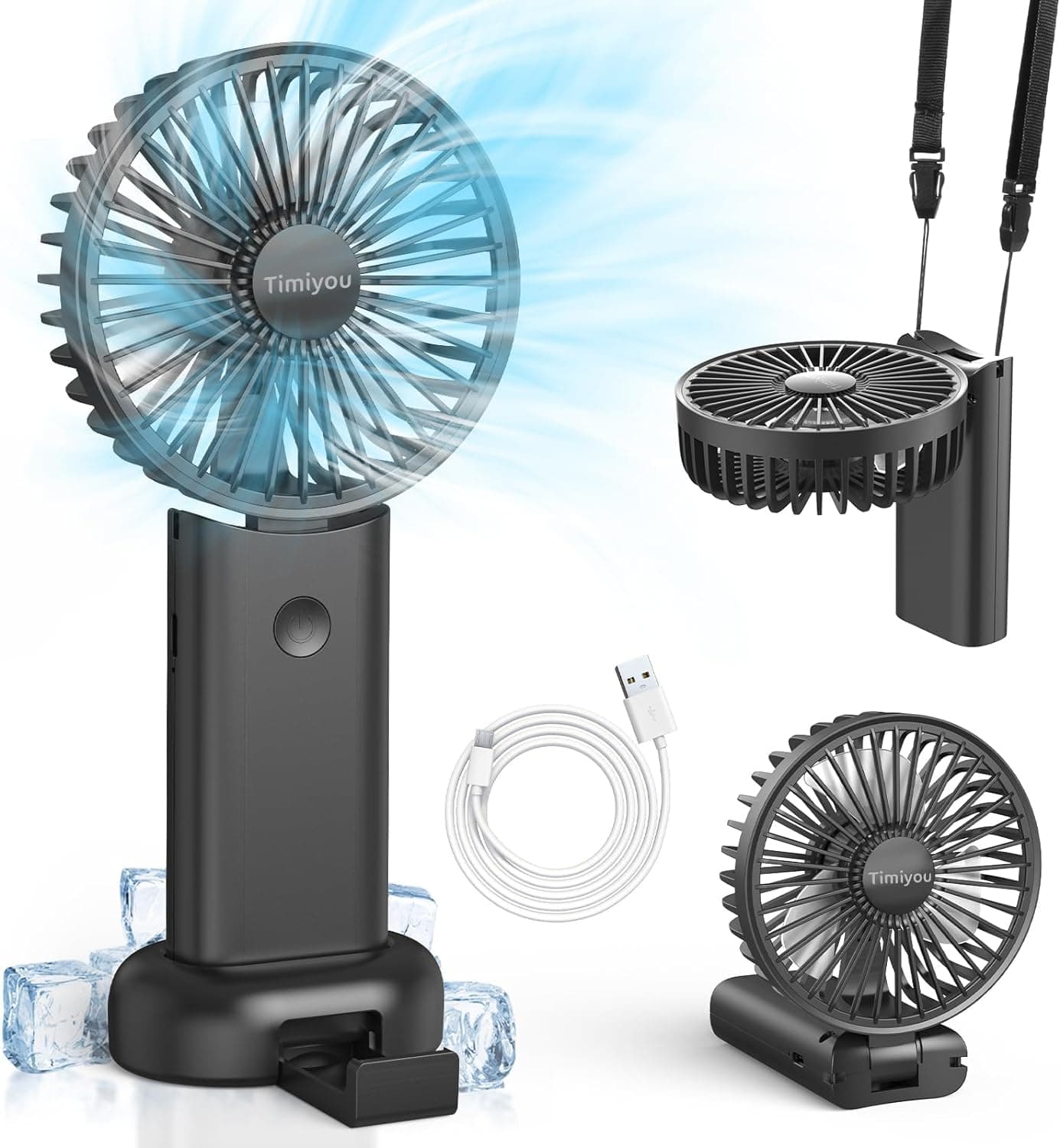 Timiyou Ventilateur Portable à Main 3000mAh - Rechargeable, Ultra Silencieux, Pliable à 90° avec Lanière, 3 Vitesses - Idéal pour Voyage, Camping, Intérieur & Extérieur