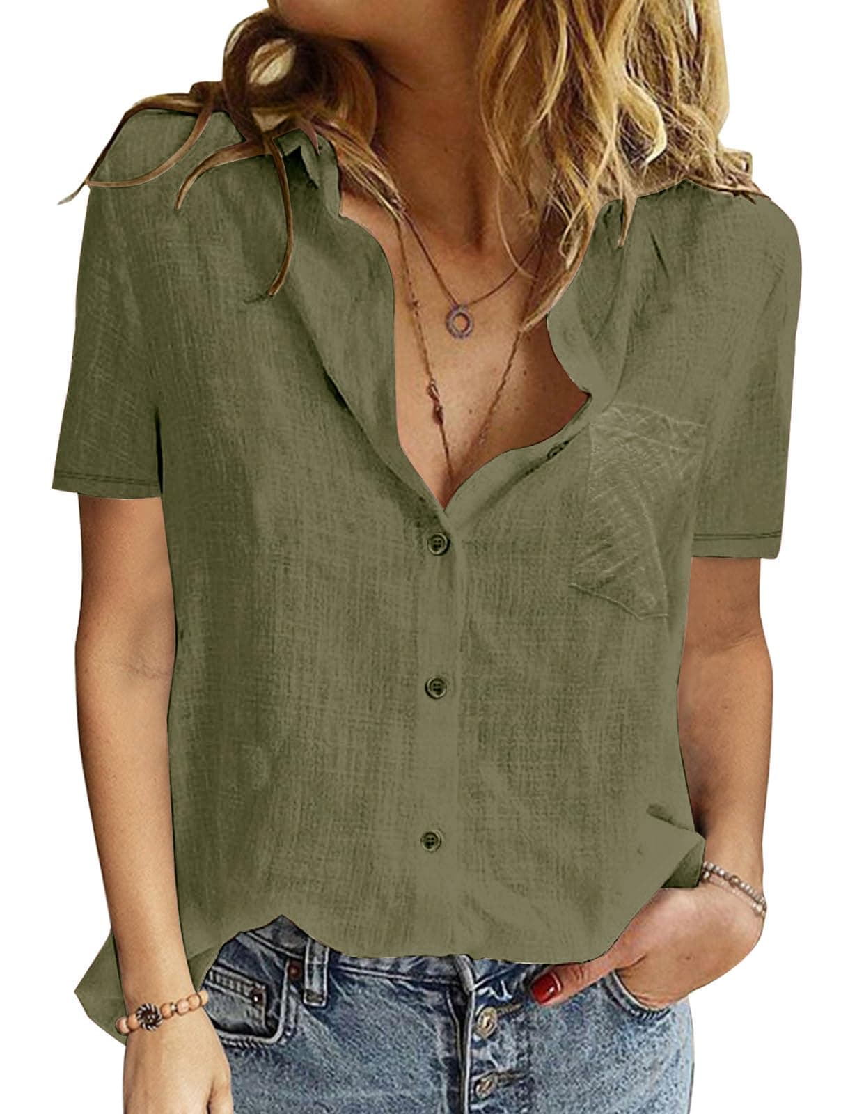 PASUDA Camicia Donna Estiva Camicetta da Donna Manica Corta Cotone Elegante Blusa Maglietta Scollo a V Top con Bottoni Moda Casual T Shirt Tinta Unita Classico Maglia Tees