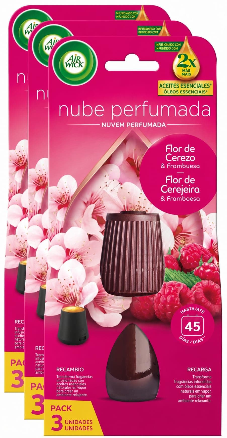 Air Wick Ricarica per Diffusore di Oli Essenziali Armonia Istantanea, 3 Ricariche, Fragranza Ciliegio in Fiore e Lamponi, 3x20ml