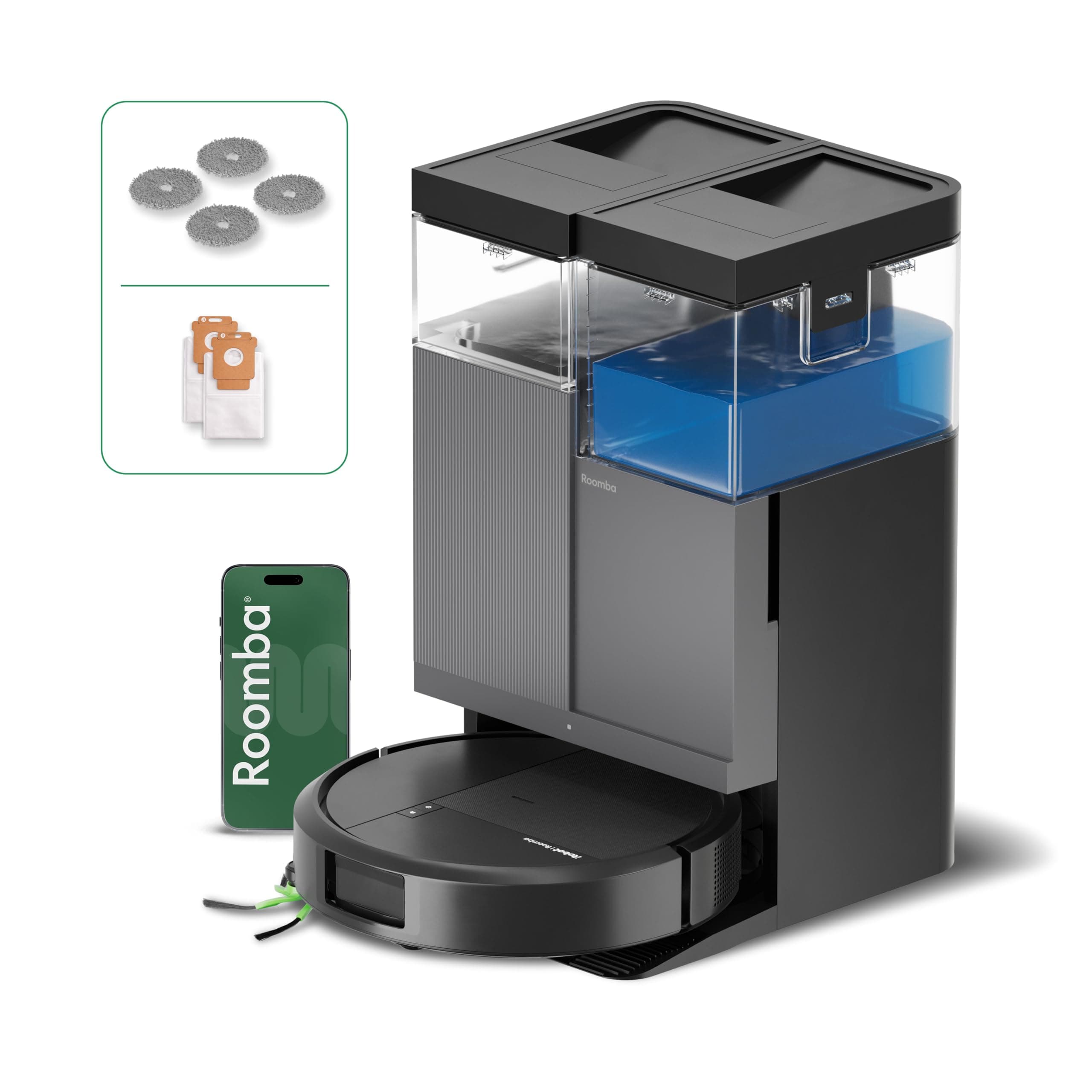 iRobot Roomba Plus 415 Combo Robot + AutoWash - 20KPa - Base Multifonction - Lavage des lingettes - séchage des lingettes à l'air Chaud - LiDAR Clearview - 75 Jours d'autovidage - Noir