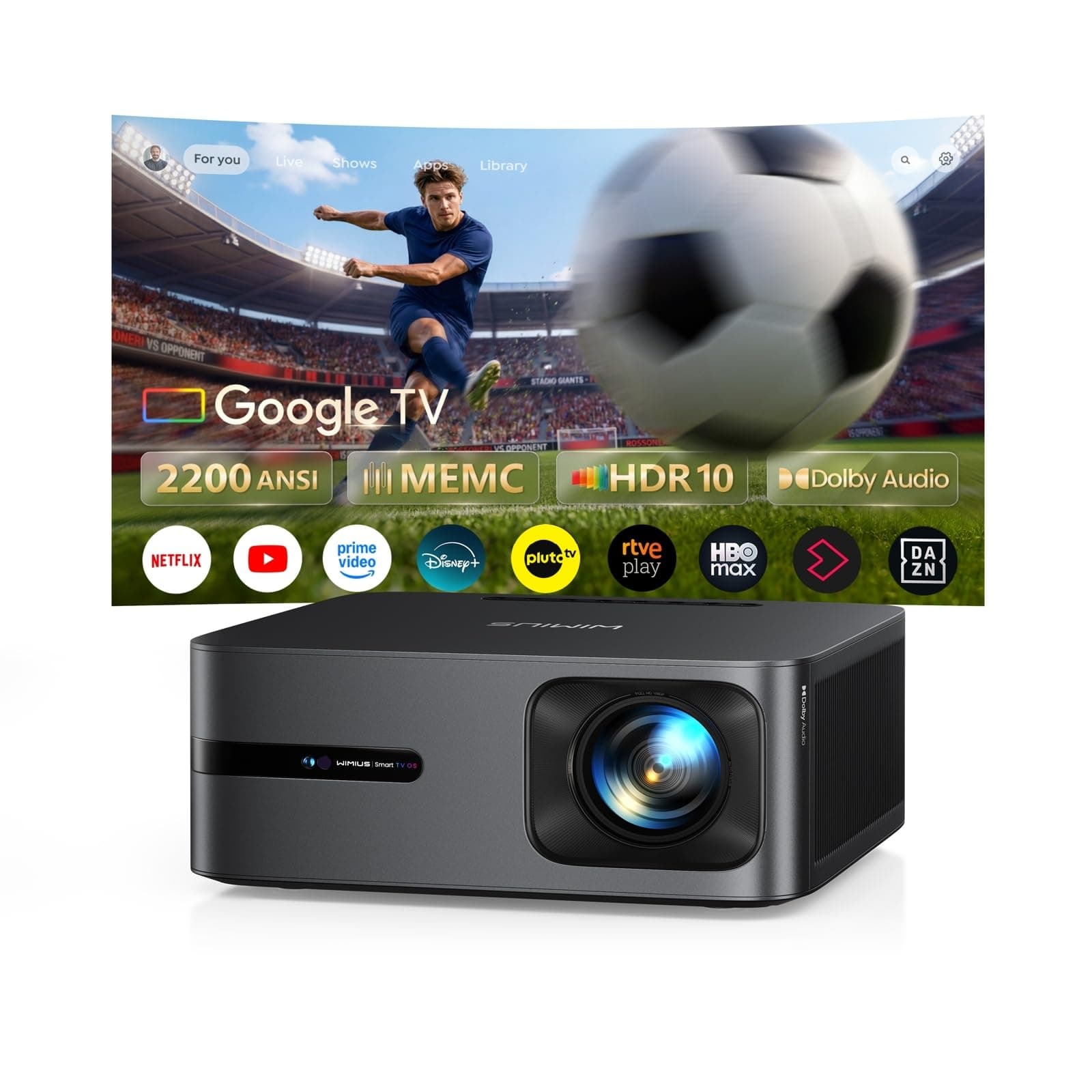 Proyector 4K | 2200 ANSI Brillo | Google TV 14.0 Integrado | Audio Dolby 40W| Proyector FHD 1080P Nativo, Enfoque Automático e IA Calibración, 2+32GB, HDMI 2.1, MEMC HDR10 para Cine en Casa y Exterior
