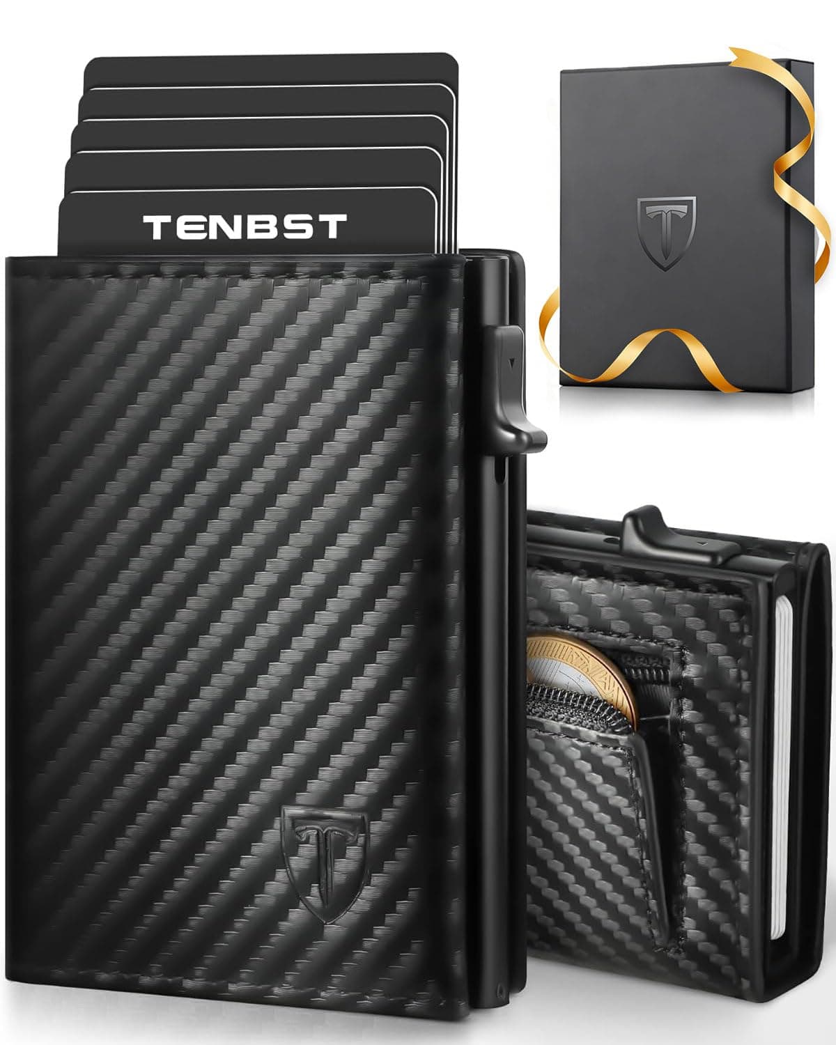 TENBST Carteras para Hombre, Porta Tarjetas de Crédito de Fibra de Carbono con RIFD Protección | Tarjetero Hombre Minimalista, Carteira para Cremallera y Billetes | Caja de Regalo, Negro